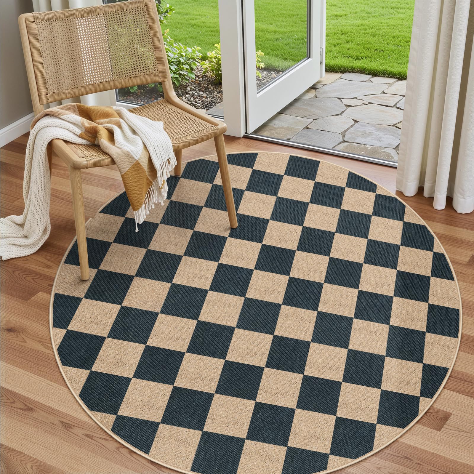 Lahome Colette Checkered Easy Jute 3x5 Outdoor Patio Rug, Washable Rugs for Entryway Diamond Indoor Outdoor Living Room Carpet, Farmhouse Neutral Non Slip Black Door Carpet for Backyard Bedroom