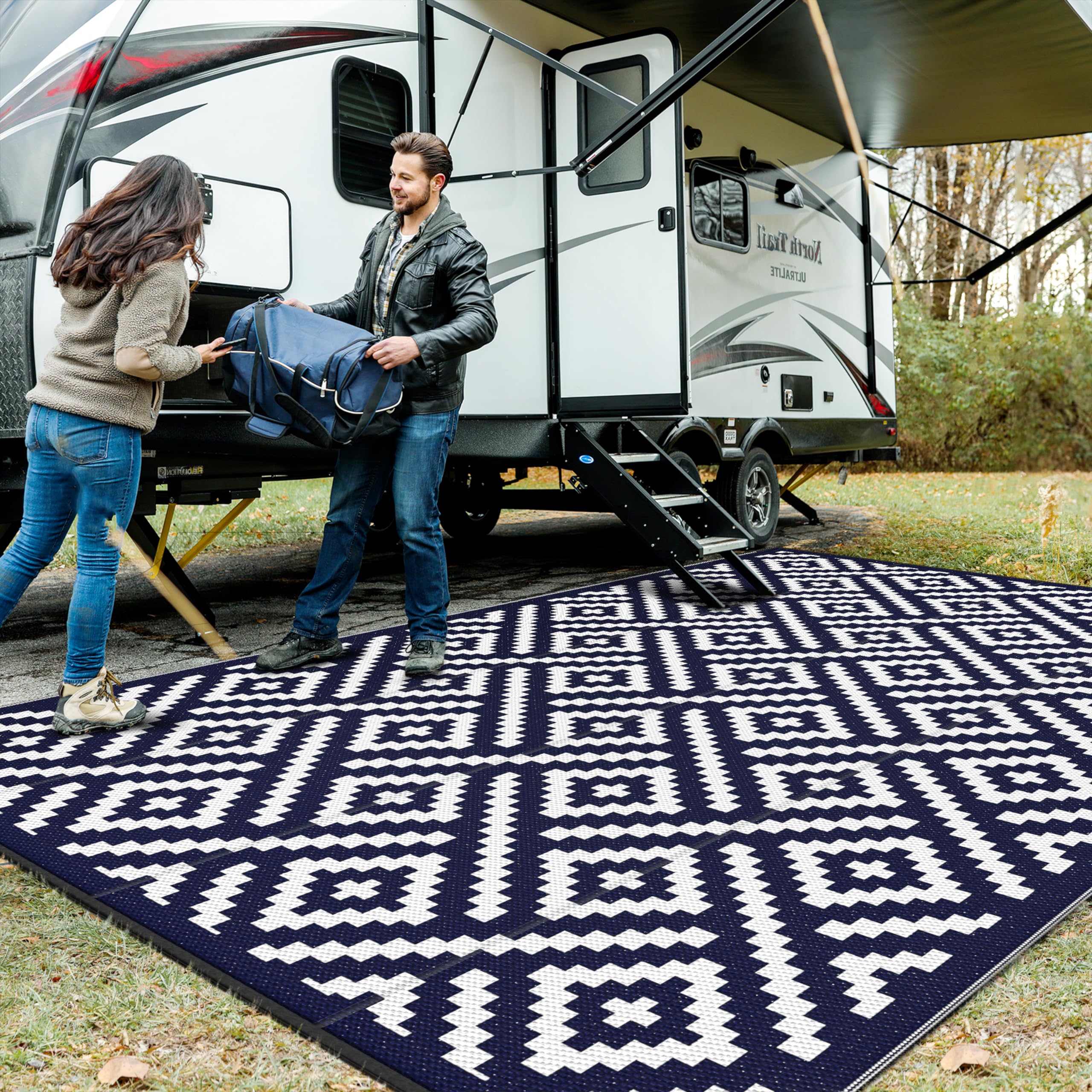 GENIMO 5x8 Outdoor Rug Waterproof, Reversible Mats, Area Rug, Plastic Outside Carpet, Geometric Rv Mat for Patio Camping Rv Picnic Backyard Deck Balcony Porch Beach Trailer (Black & Beige)