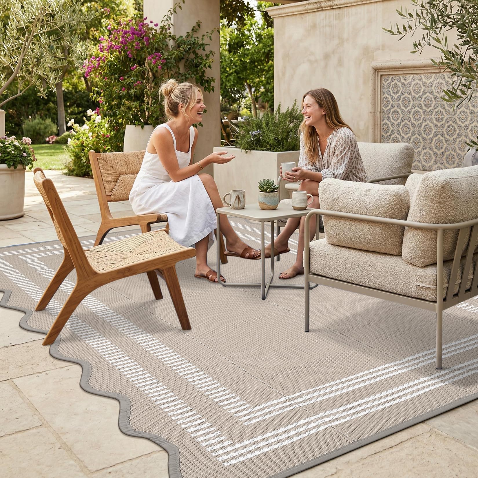 Garvee Waterproof Outdoor Rug 8x10, Scalloped Geometric Foldable Plastic Straw Patio Camping Rug, Outdoor RV Carpet for Deck Camper Porch Balcony Backyard Picnic Beach Black and White