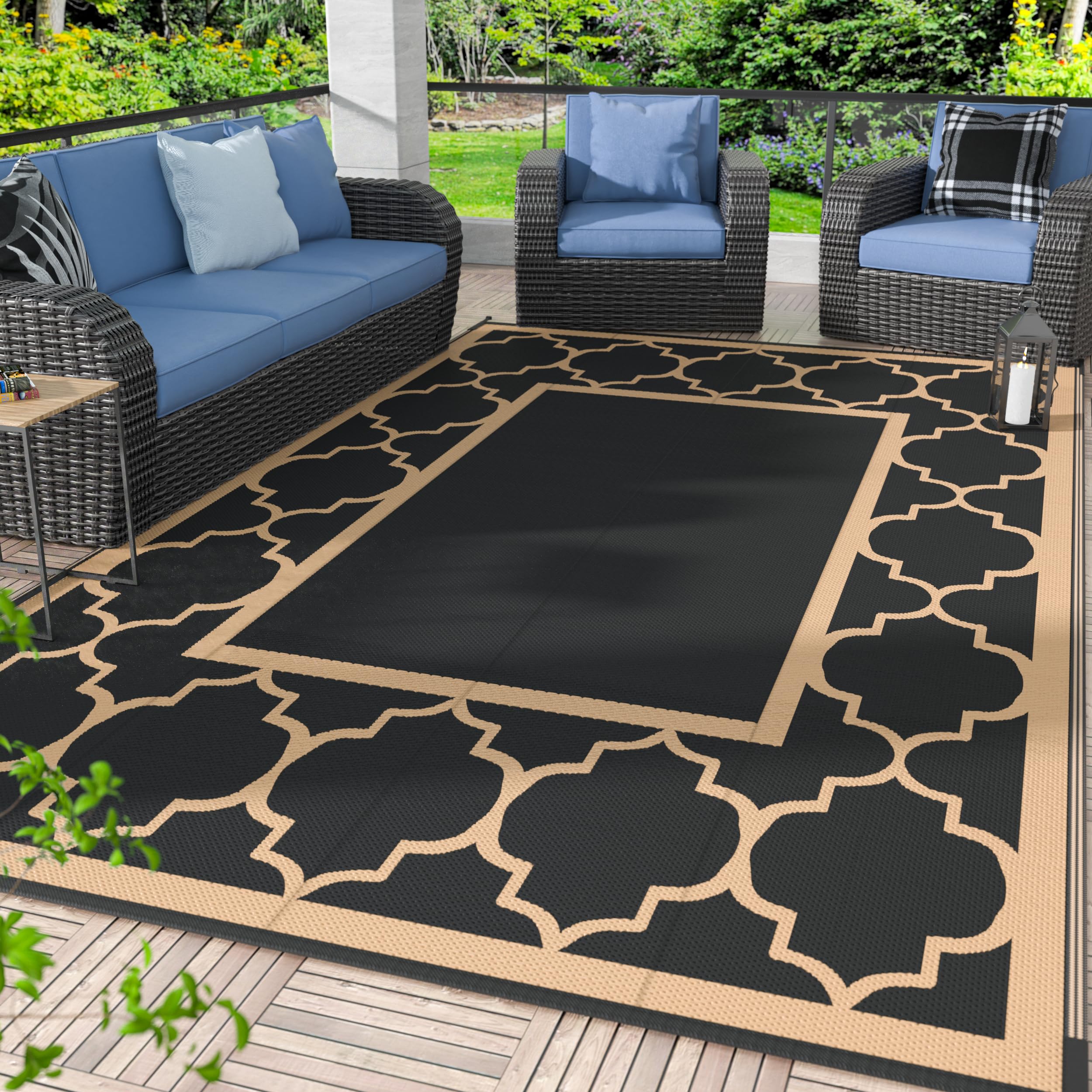 GENIMO 5' x 8' Outdoor Rug Waterproof for Patio Decor, Foldable Reversible Plastic Straw Area Rugs Mat for Camper, Outside Carpet for Rv, Deck, Porch, Picnic, Beach, Balcony, Blue & White