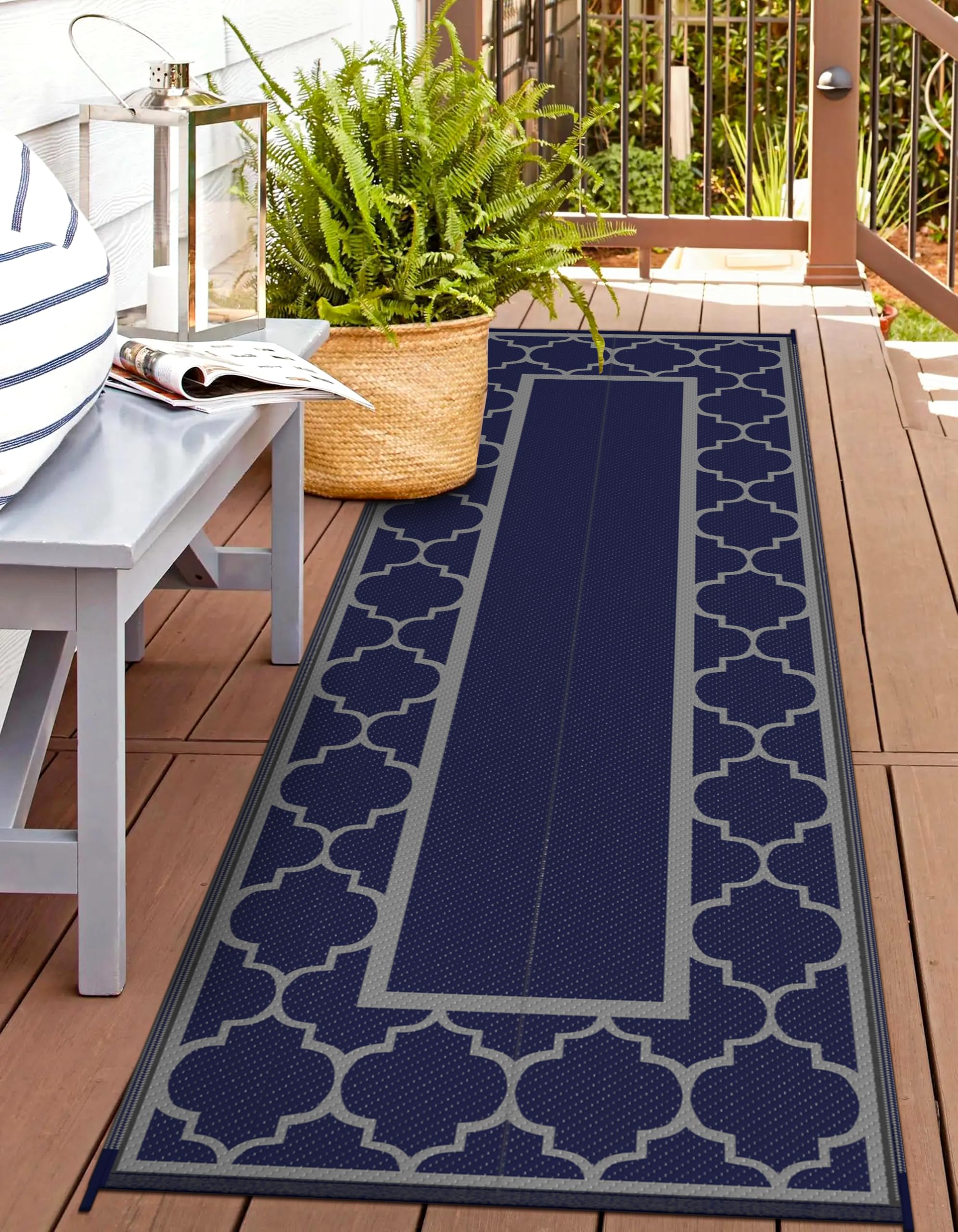 GENIMO 5' x 8' Outdoor Rug Waterproof for Patio Decor, Foldable Reversible Plastic Straw Area Rugs Mat for Camper, Outside Carpet for Rv, Deck, Porch, Picnic, Beach, Balcony, Blue & White