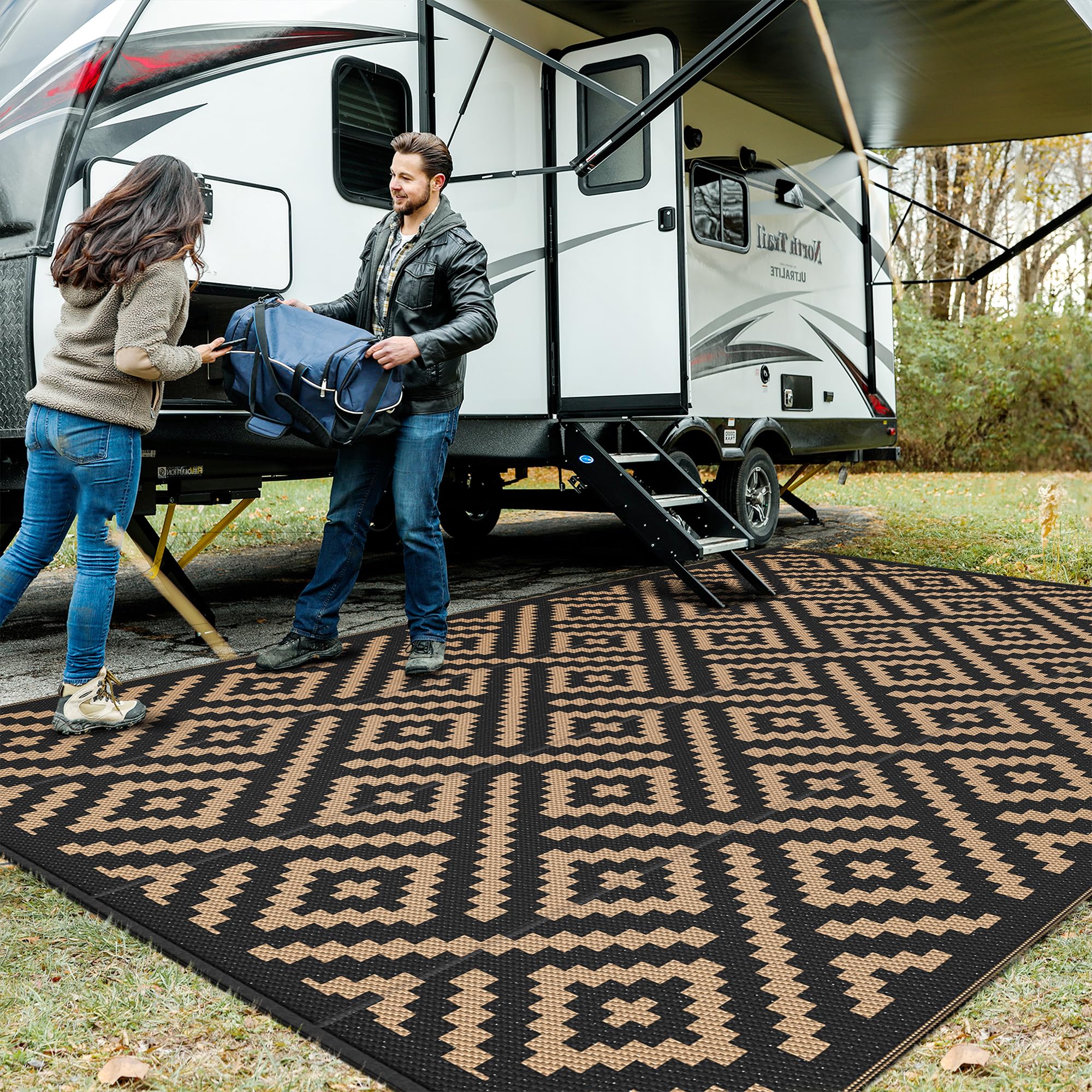 GENIMO 5x8 Outdoor Rug Waterproof, Reversible Mats, Area Rug, Plastic Outside Carpet, Geometric Rv Mat for Patio Camping Rv Picnic Backyard Deck Balcony Porch Beach Trailer (Black & Beige)