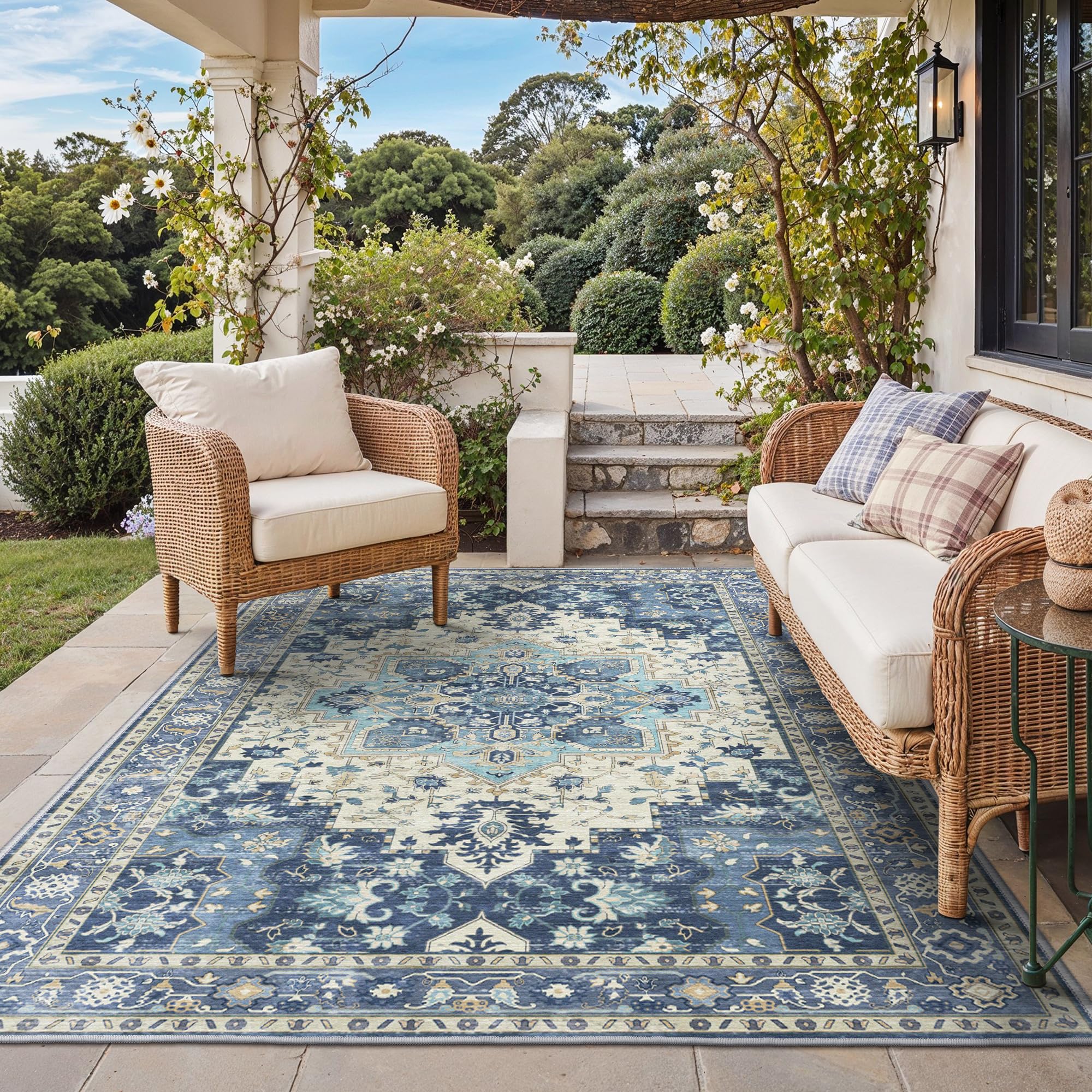 GENIMO Outdoor & Indoor Area Rug 5'x8', Waterproof, Non-Shedding, Easy Cleaning, Boho Mat for Patio, Living Room, Balcony, Dining Room, RV, Deck, Bedroom, Camping, Outside Carpet,Blue