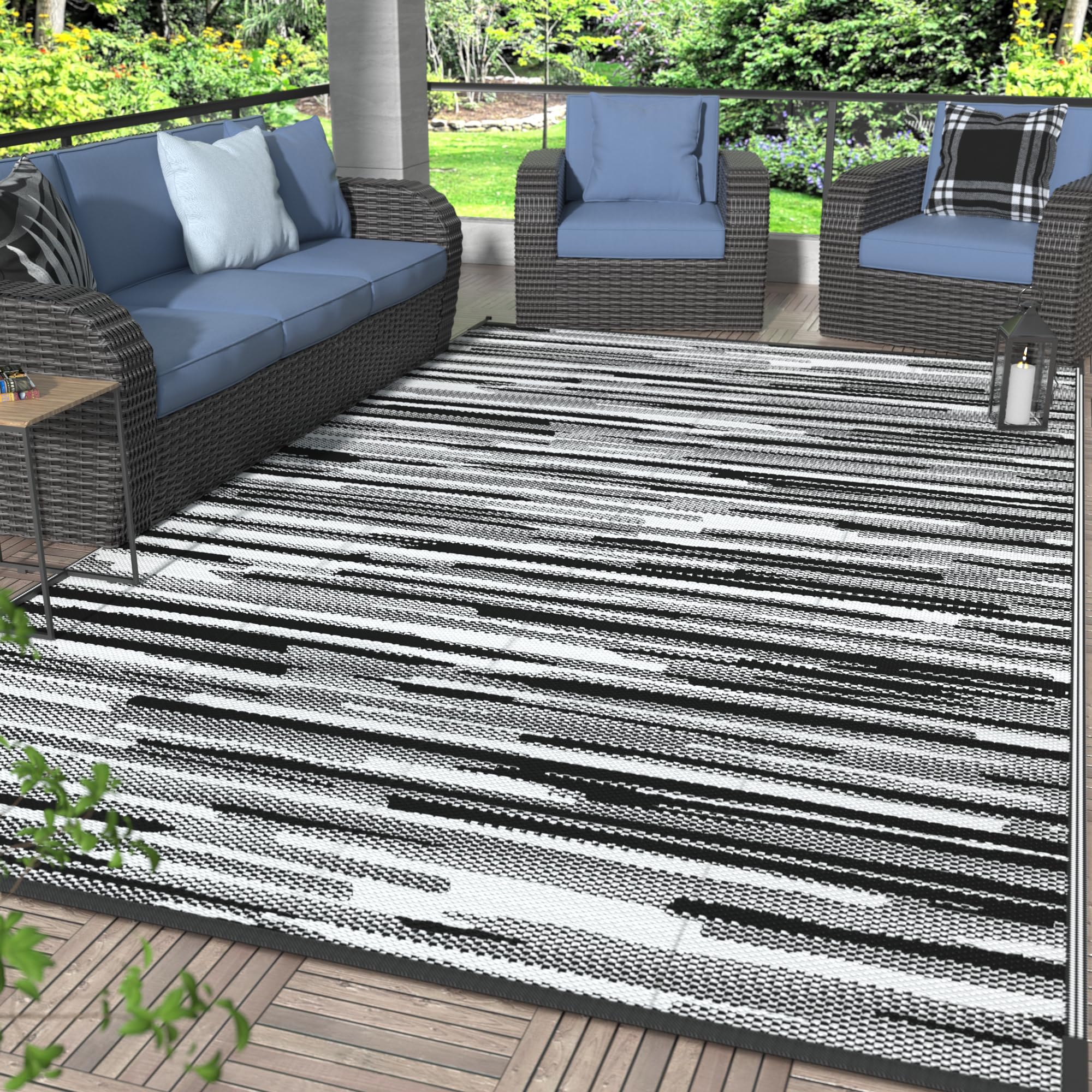 GENIMO 5x8 Outdoor Rug Waterproof, Reversible Mats, Area Rug, Plastic Outside Carpet, Geometric Rv Mat for Patio Camping Rv Picnic Backyard Deck Balcony Porch Beach Trailer (Black & Beige)
