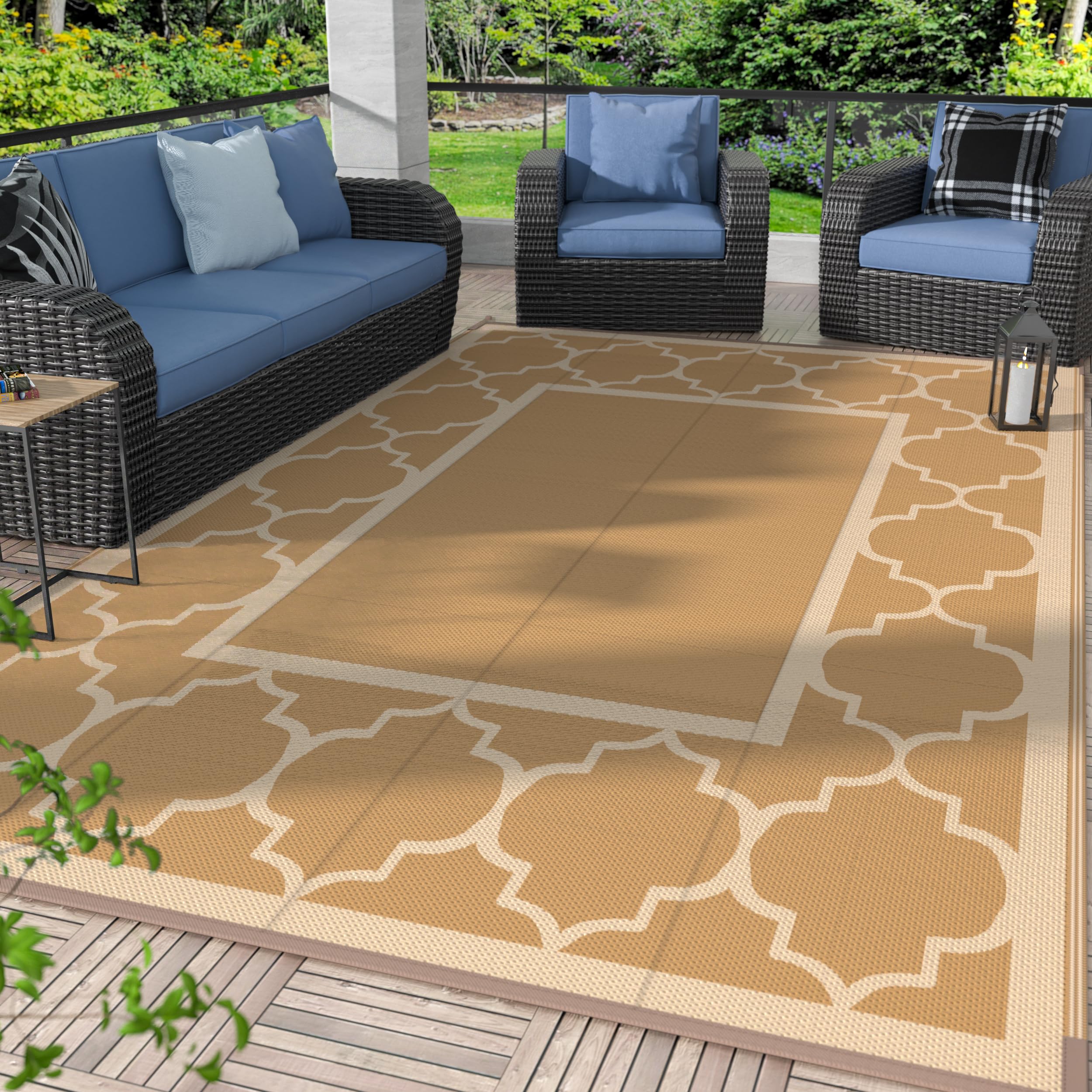 GENIMO 5' x 8' Outdoor Rug Waterproof for Patio Decor, Foldable Reversible Plastic Straw Area Rugs Mat for Camper, Outside Carpet for Rv, Deck, Porch, Picnic, Beach, Balcony, Blue & White