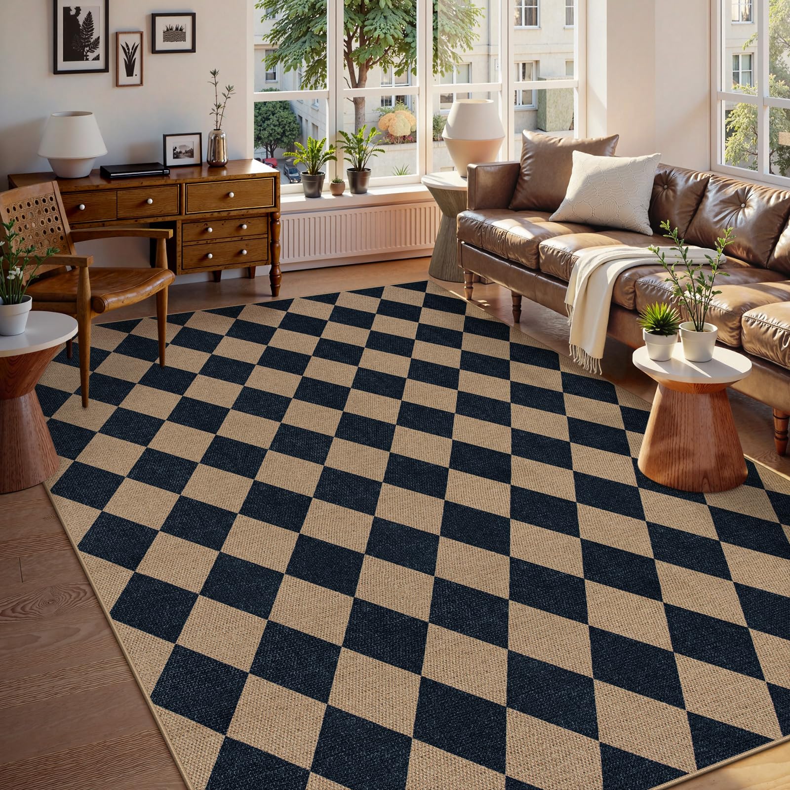 Lahome Colette Checkered Easy Jute 3x5 Outdoor Patio Rug, Washable Rugs for Entryway Diamond Indoor Outdoor Living Room Carpet, Farmhouse Neutral Non Slip Black Door Carpet for Backyard Bedroom