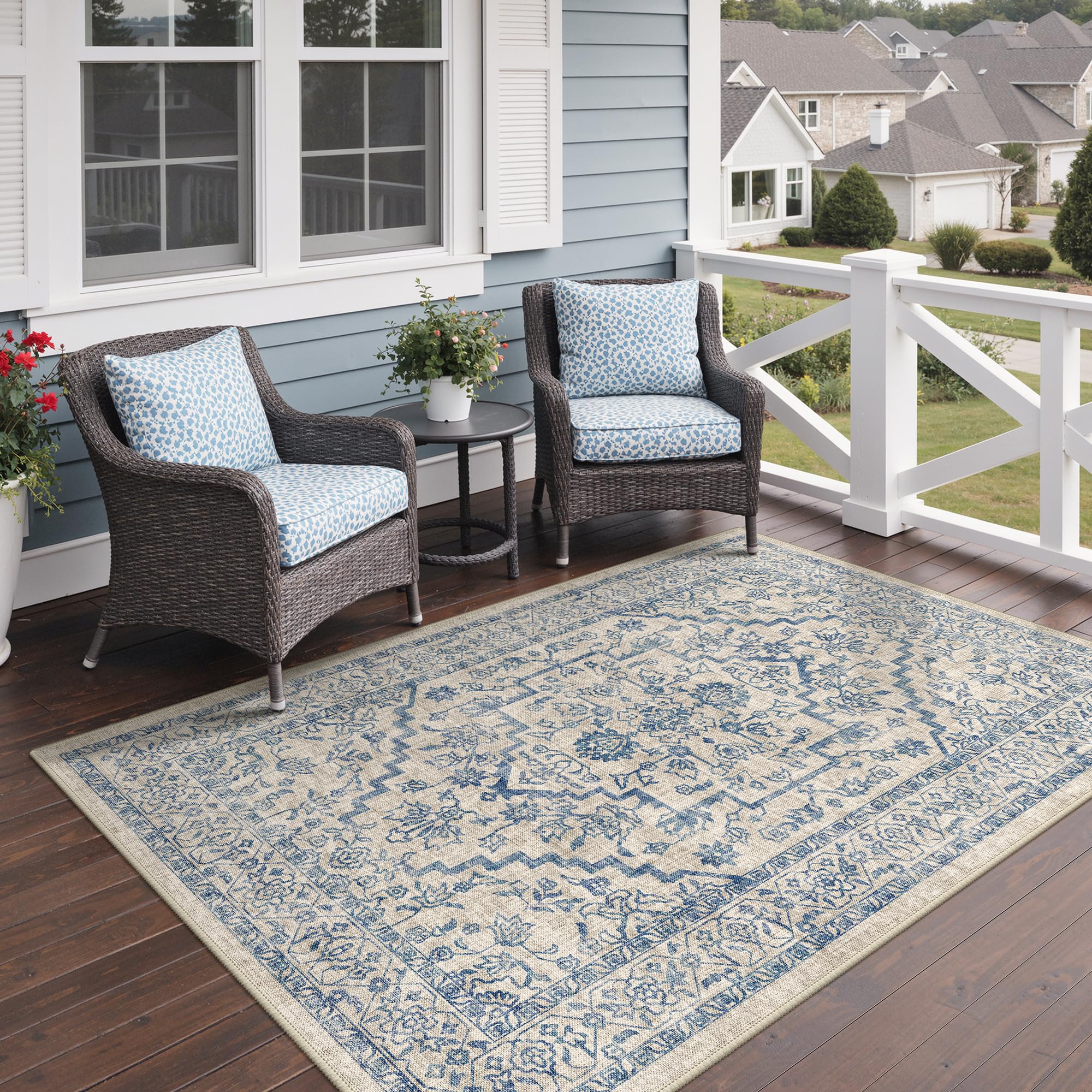 GENIMO Outdoor & Indoor Area Rug 5'x8', Waterproof, Non-Shedding, Easy Cleaning, Boho Mat for Patio, Living Room, Balcony, Dining Room, RV, Deck, Bedroom, Camping, Outside Carpet,Blue