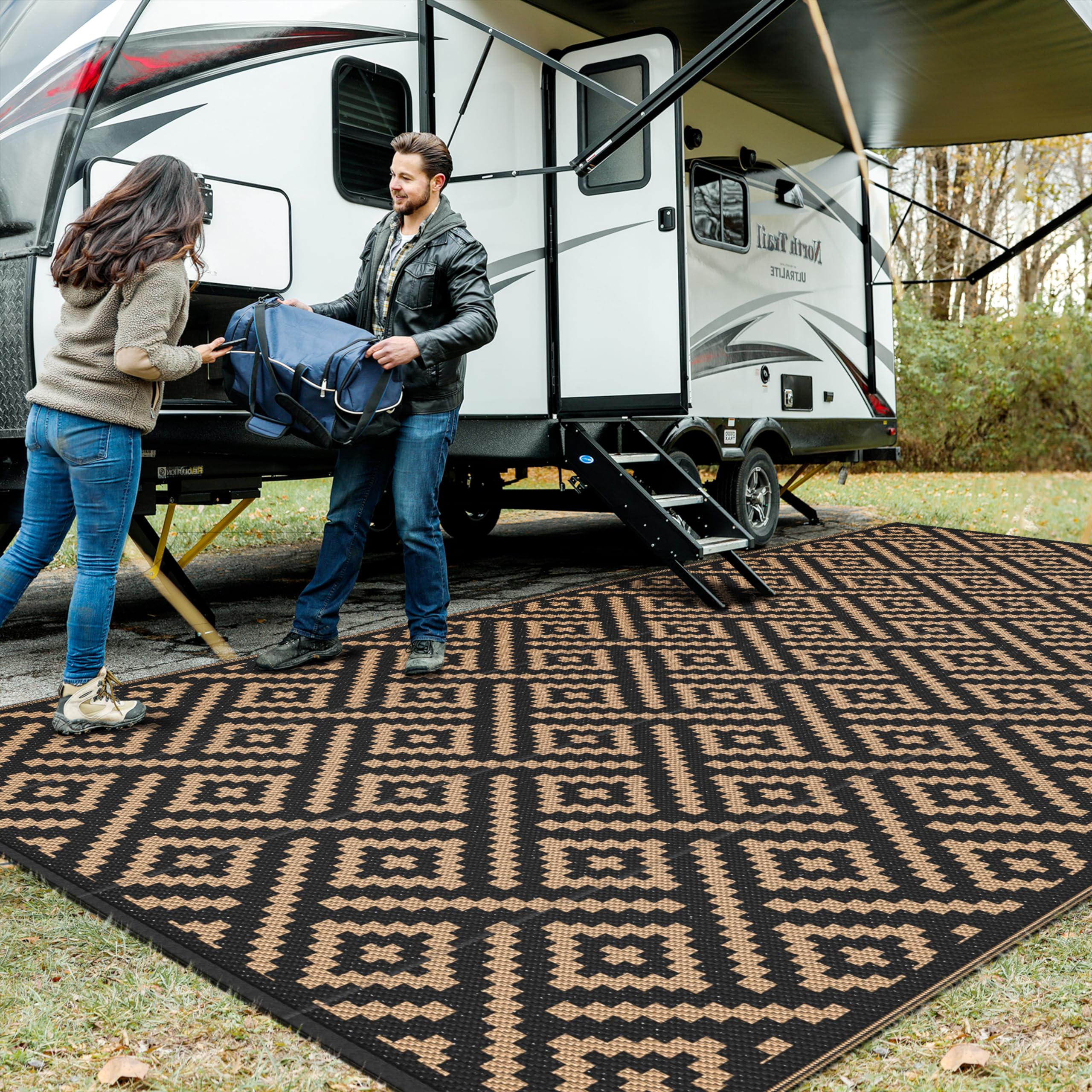 GENIMO 5x8 Outdoor Rug Waterproof, Reversible Mats, Area Rug, Plastic Outside Carpet, Geometric Rv Mat for Patio Camping Rv Picnic Backyard Deck Balcony Porch Beach Trailer (Black & Beige)