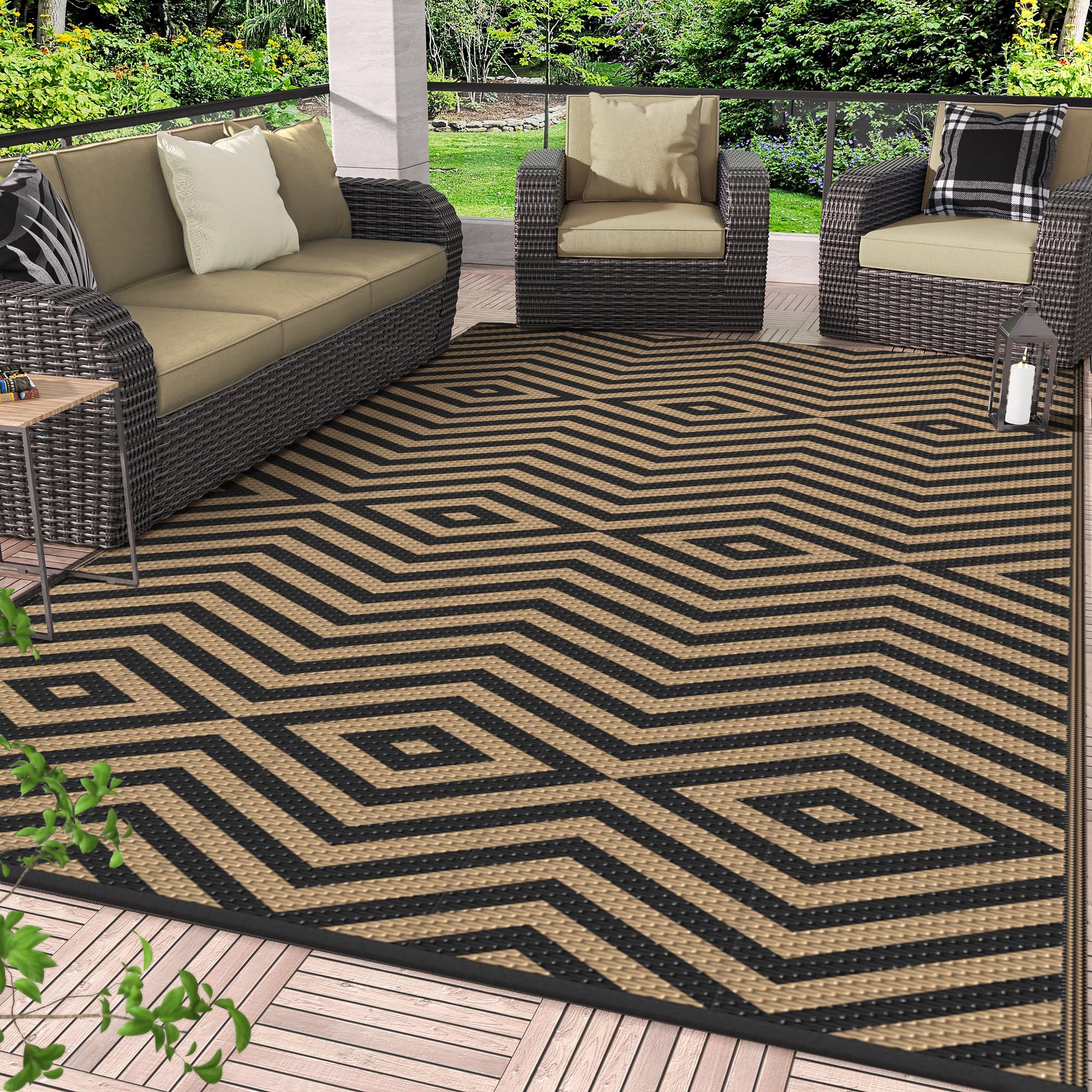 GENIMO 5x8 Outdoor Rug Waterproof, Reversible Mats, Area Rug, Plastic Outside Carpet, Geometric Rv Mat for Patio Camping Rv Picnic Backyard Deck Balcony Porch Beach Trailer (Black & Beige)