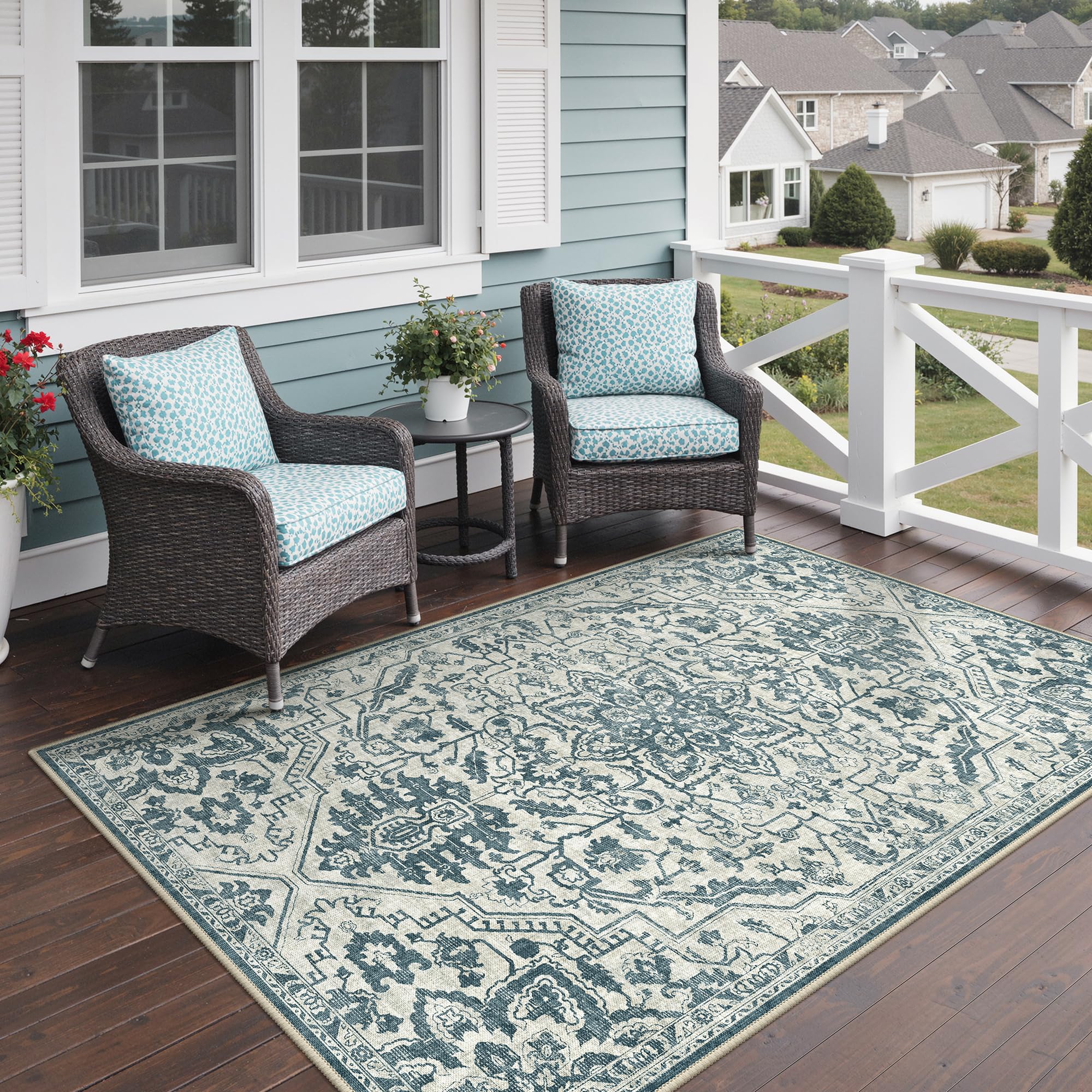 GENIMO Outdoor & Indoor Area Rug 5'x8', Waterproof, Non-Shedding, Easy Cleaning, Boho Mat for Patio, Living Room, Balcony, Dining Room, RV, Deck, Bedroom, Camping, Outside Carpet,Blue