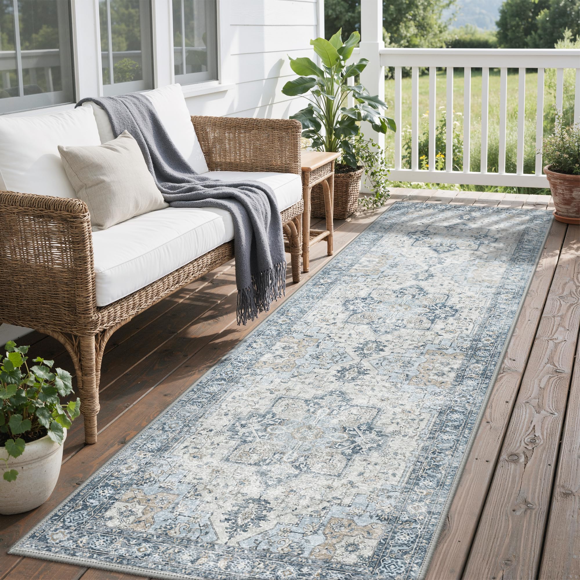 GENIMO Outdoor & Indoor Area Rug 5'x8', Waterproof, Non-Shedding, Easy Cleaning, Boho Mat for Patio, Living Room, Balcony, Dining Room, RV, Deck, Bedroom, Camping, Outside Carpet,Blue