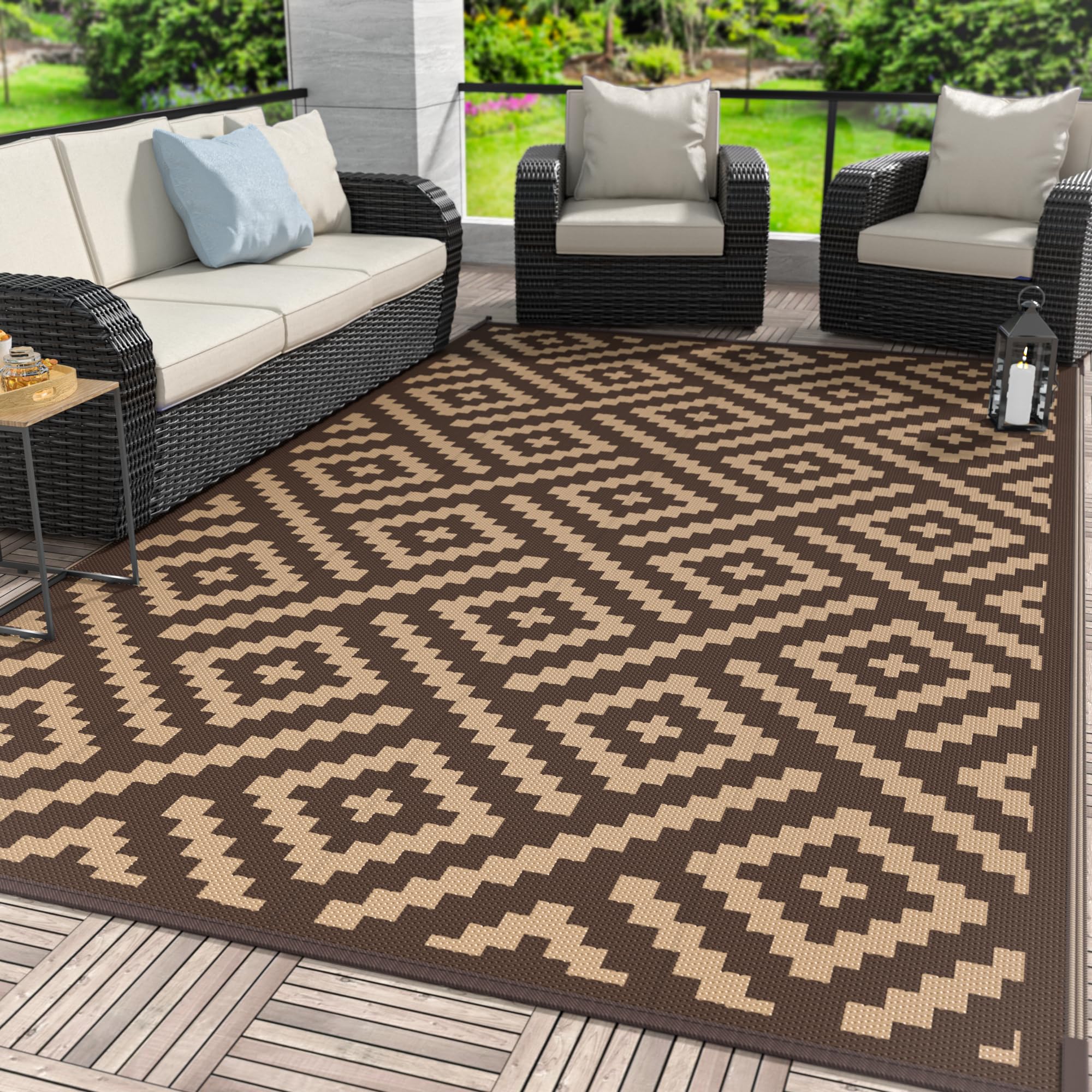 GENIMO 5x8 Outdoor Rug Waterproof, Reversible Mats, Area Rug, Plastic Outside Carpet, Geometric Rv Mat for Patio Camping Rv Picnic Backyard Deck Balcony Porch Beach Trailer (Black & Beige)
