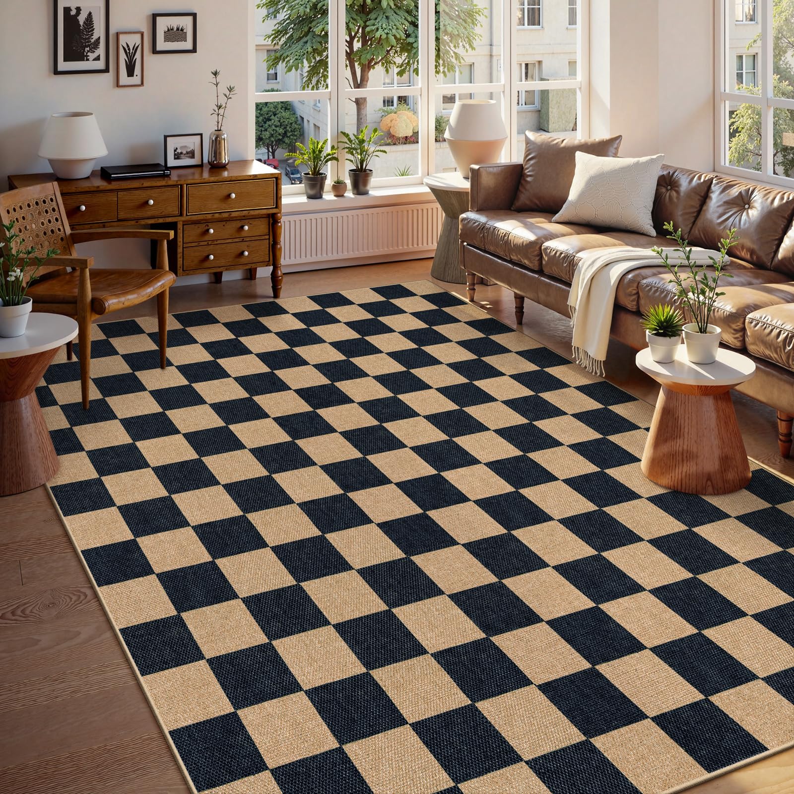 Lahome Colette Checkered Easy Jute 3x5 Outdoor Patio Rug, Washable Rugs for Entryway Diamond Indoor Outdoor Living Room Carpet, Farmhouse Neutral Non Slip Black Door Carpet for Backyard Bedroom