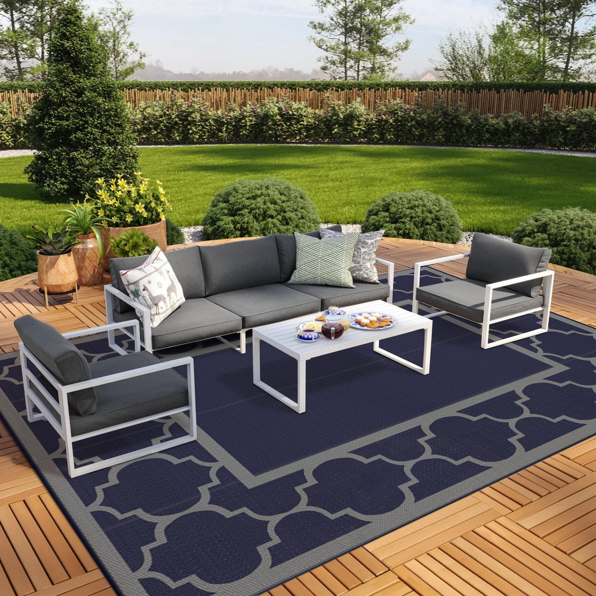 GENIMO 5' x 8' Outdoor Rug Waterproof for Patio Decor, Foldable Reversible Plastic Straw Area Rugs Mat for Camper, Outside Carpet for Rv, Deck, Porch, Picnic, Beach, Balcony, Blue & White