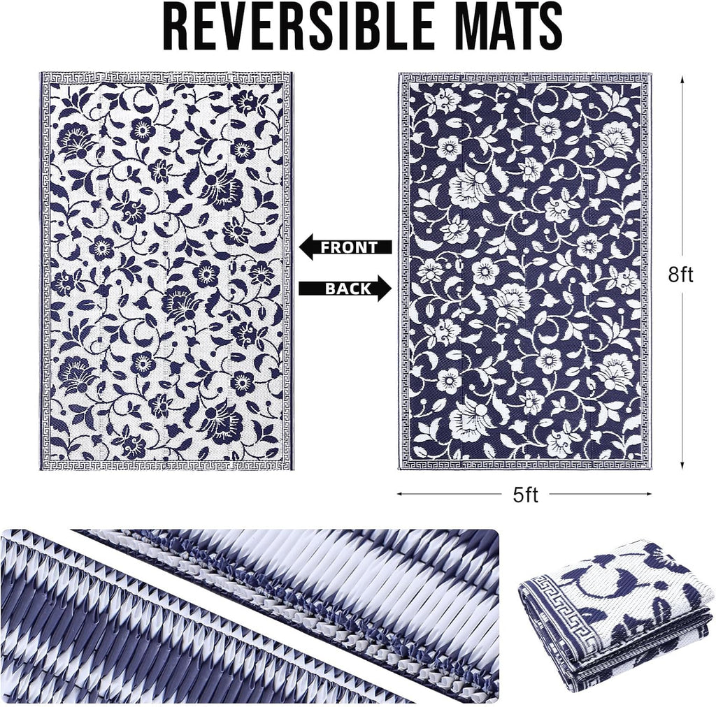 OLANLY Waterproof Outdoor Rug 5x8 ft, Outdoor Plastic Straw Rug with Flower Pattern, Reversible RV Mat for Patio, Camping, Balcony, Deck, Backyard, Navy & White