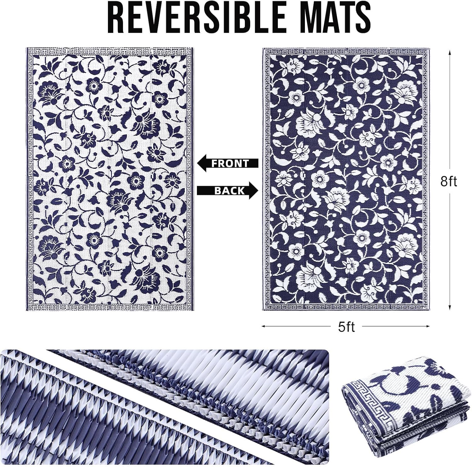 OLANLY Waterproof Outdoor Rug 5x8 ft, Outdoor Plastic Straw Rug with Flower Pattern, Reversible RV Mat for Patio, Camping, Balcony, Deck, Backyard, Navy & White