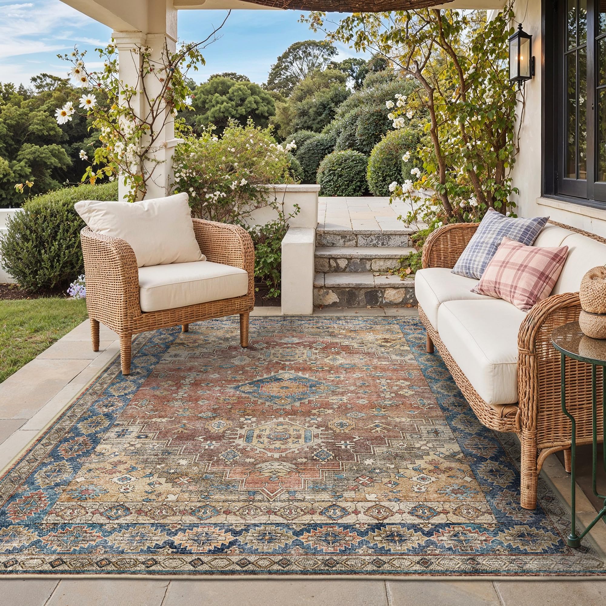 GENIMO Outdoor & Indoor Area Rug 5'x8', Waterproof, Non-Shedding, Easy Cleaning, Boho Mat for Patio, Living Room, Balcony, Dining Room, RV, Deck, Bedroom, Camping, Outside Carpet,Blue