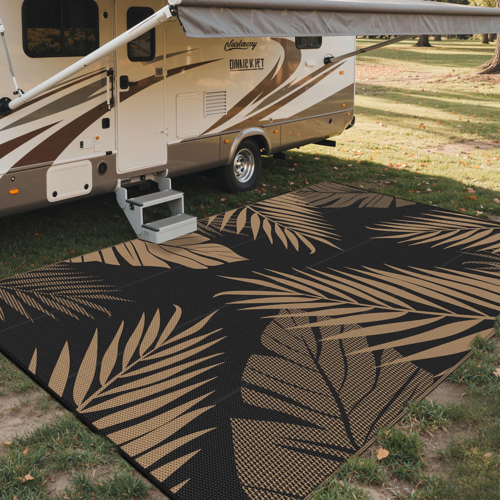 sarben Outdoor Rug 4’x6’ Waterproof for Patio Clearance, Reversible Indoor Outdoor Plastic Straw Camping Rug Carpet, RV Mat, Large Area Rug for Deck, Backyard, Balcony, Porch, Beach, Black & Brown
