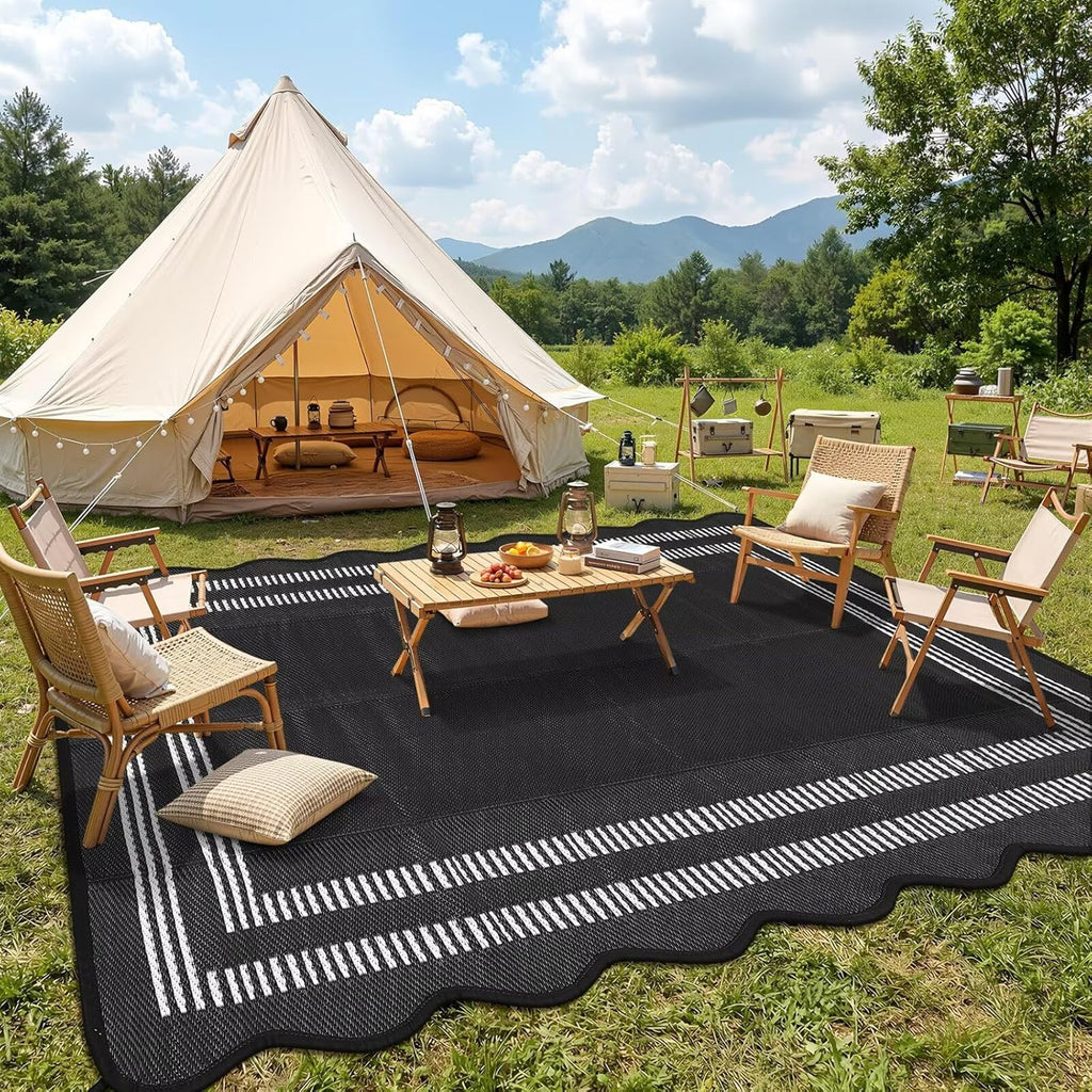Garvee Waterproof Outdoor Rug 8x10, Scalloped Geometric Foldable Plastic Straw Patio Camping Rug, Outdoor RV Carpet for Deck Camper Porch Balcony Backyard Picnic Beach Black and White