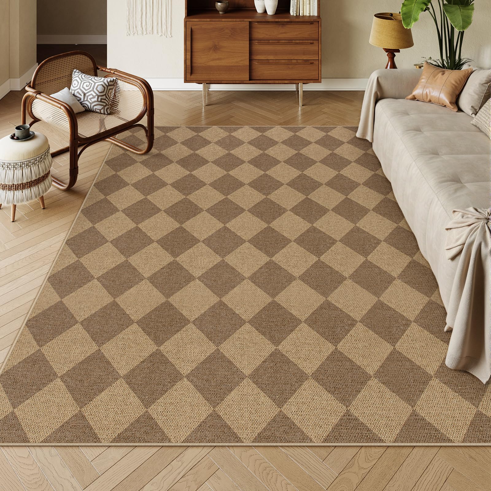 Lahome Colette Checkered Easy Jute 3x5 Outdoor Patio Rug, Washable Rugs for Entryway Diamond Indoor Outdoor Living Room Carpet, Farmhouse Neutral Non Slip Black Door Carpet for Backyard Bedroom