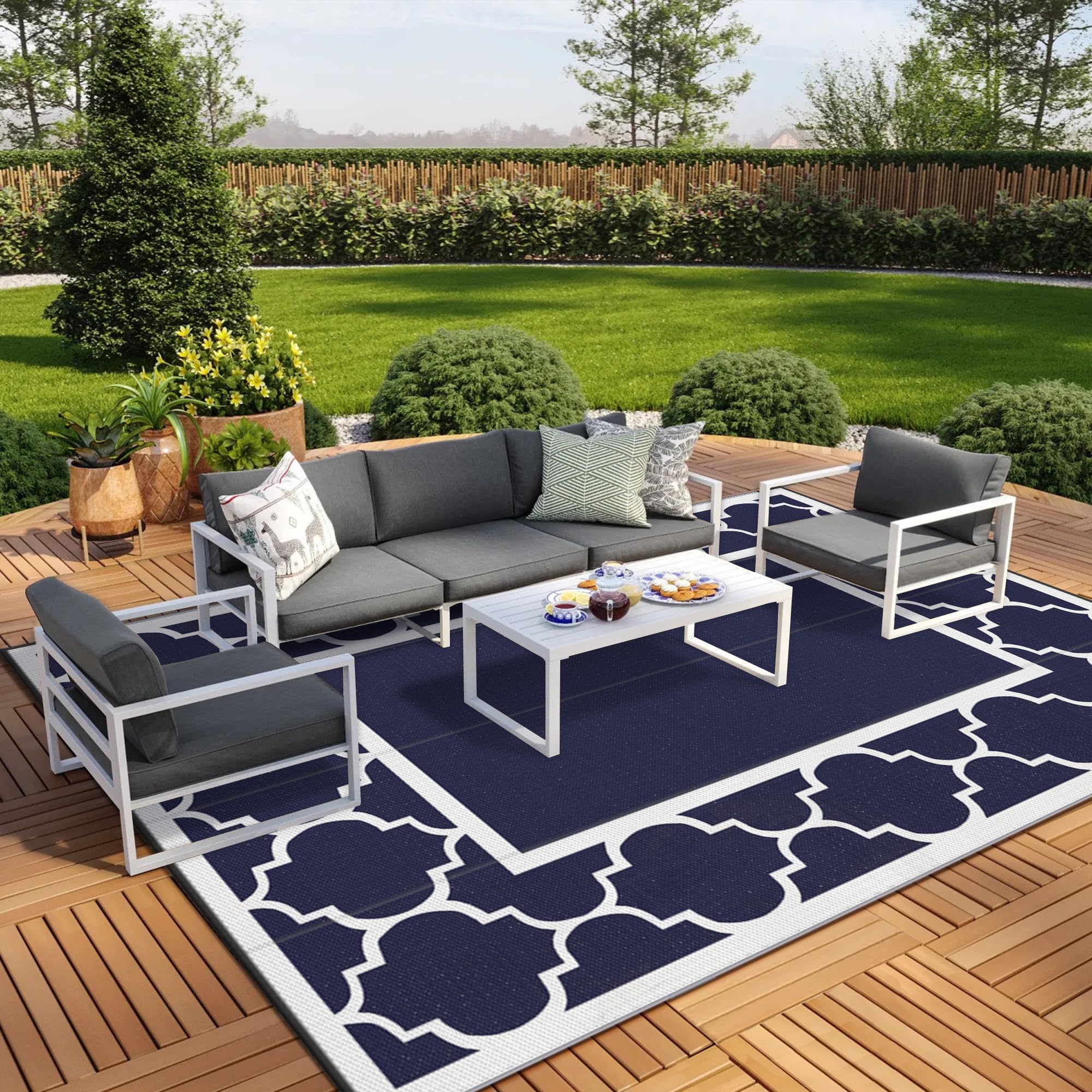 GENIMO 5' x 8' Outdoor Rug Waterproof for Patio Decor, Foldable Reversible Plastic Straw Area Rugs Mat for Camper, Outside Carpet for Rv, Deck, Porch, Picnic, Beach, Balcony, Blue & White