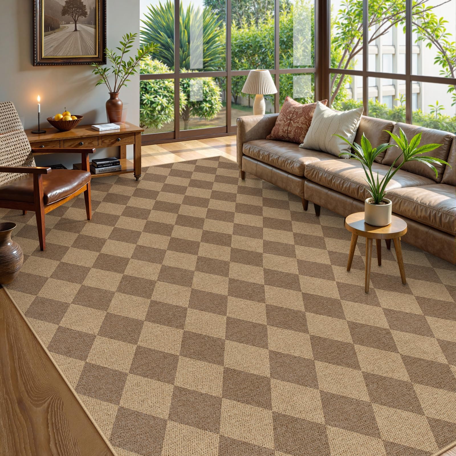 Lahome Colette Checkered Easy Jute 3x5 Outdoor Patio Rug, Washable Rugs for Entryway Diamond Indoor Outdoor Living Room Carpet, Farmhouse Neutral Non Slip Black Door Carpet for Backyard Bedroom