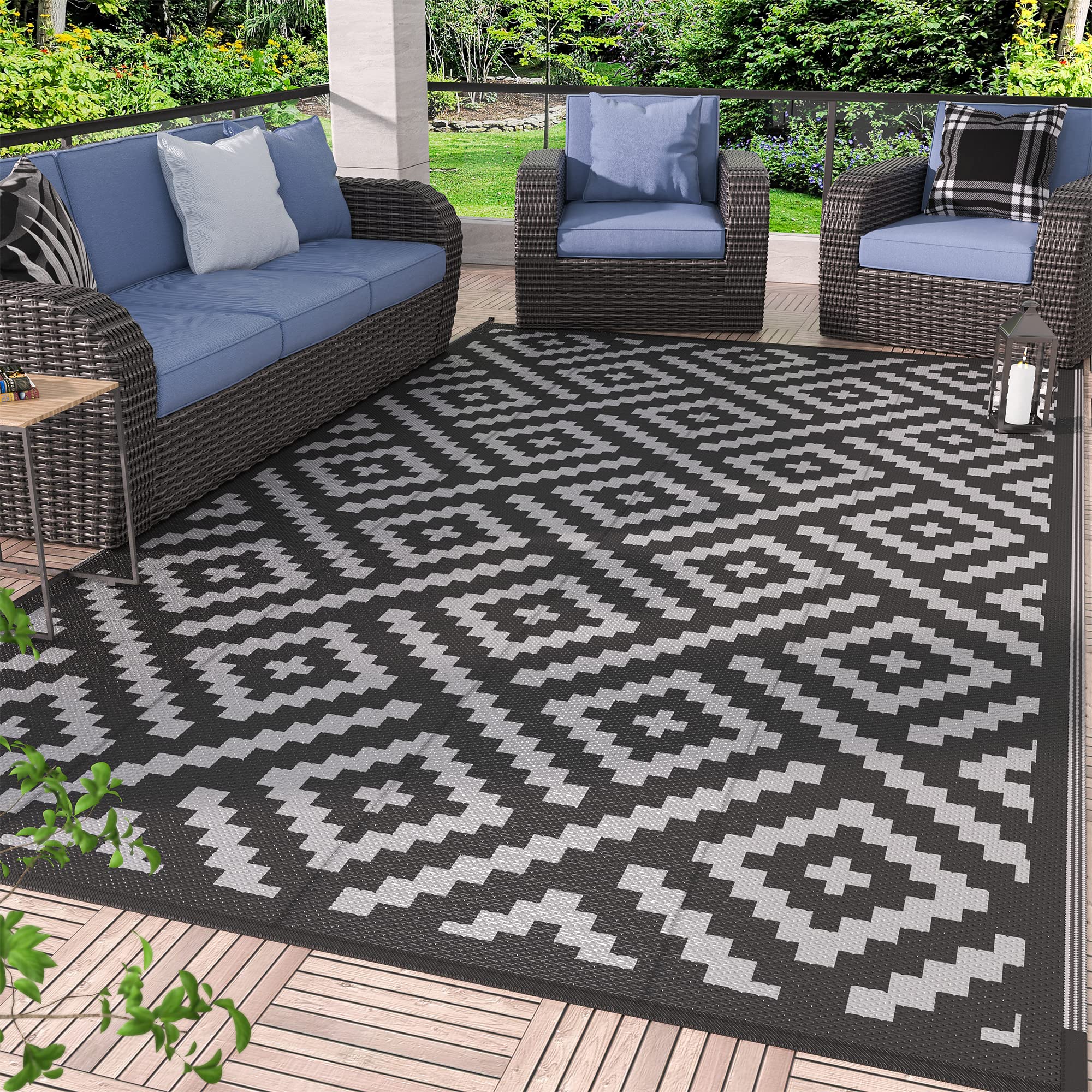 GENIMO 5x8 Outdoor Rug Waterproof, Reversible Mats, Area Rug, Plastic Outside Carpet, Geometric Rv Mat for Patio Camping Rv Picnic Backyard Deck Balcony Porch Beach Trailer (Black & Beige)