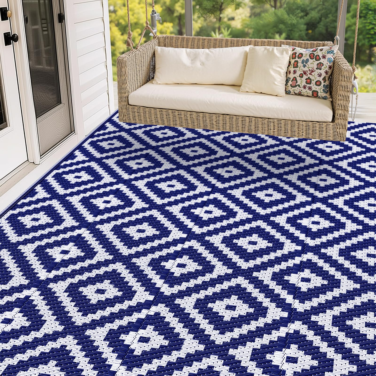 Mattitude Waterproof Outdoor Rug 5x8 Ft Outdoor Plastic Straw Rug Reversible Patio Rug Large Outdoor Carpet Area Rug for Patio Backyard Picnic Beach Camping RV Black & Beige