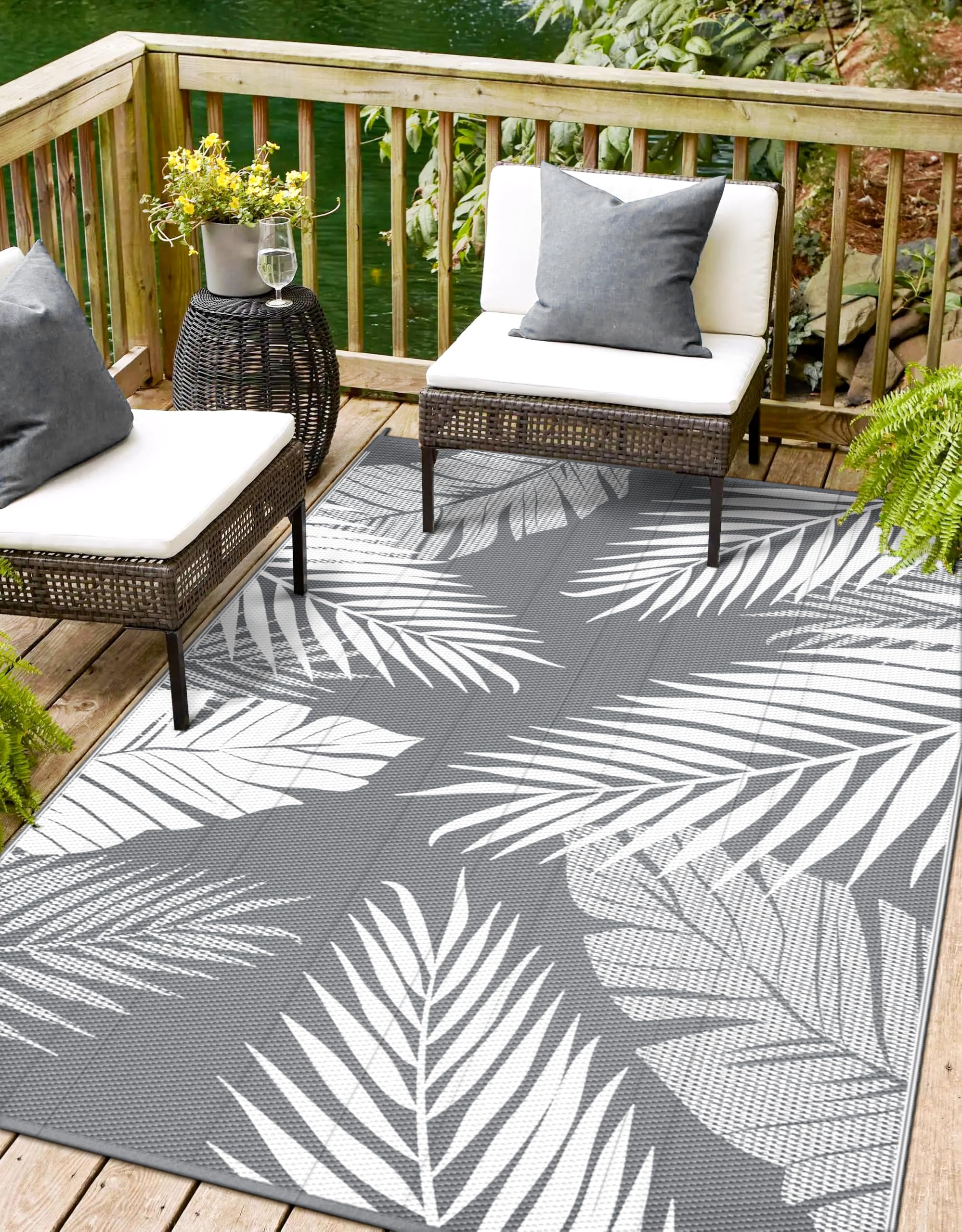 sarben Outdoor Rug 4’x6’ Waterproof for Patio Clearance, Reversible Indoor Outdoor Plastic Straw Camping Rug Carpet, RV Mat, Large Area Rug for Deck, Backyard, Balcony, Porch, Beach, Black & Brown