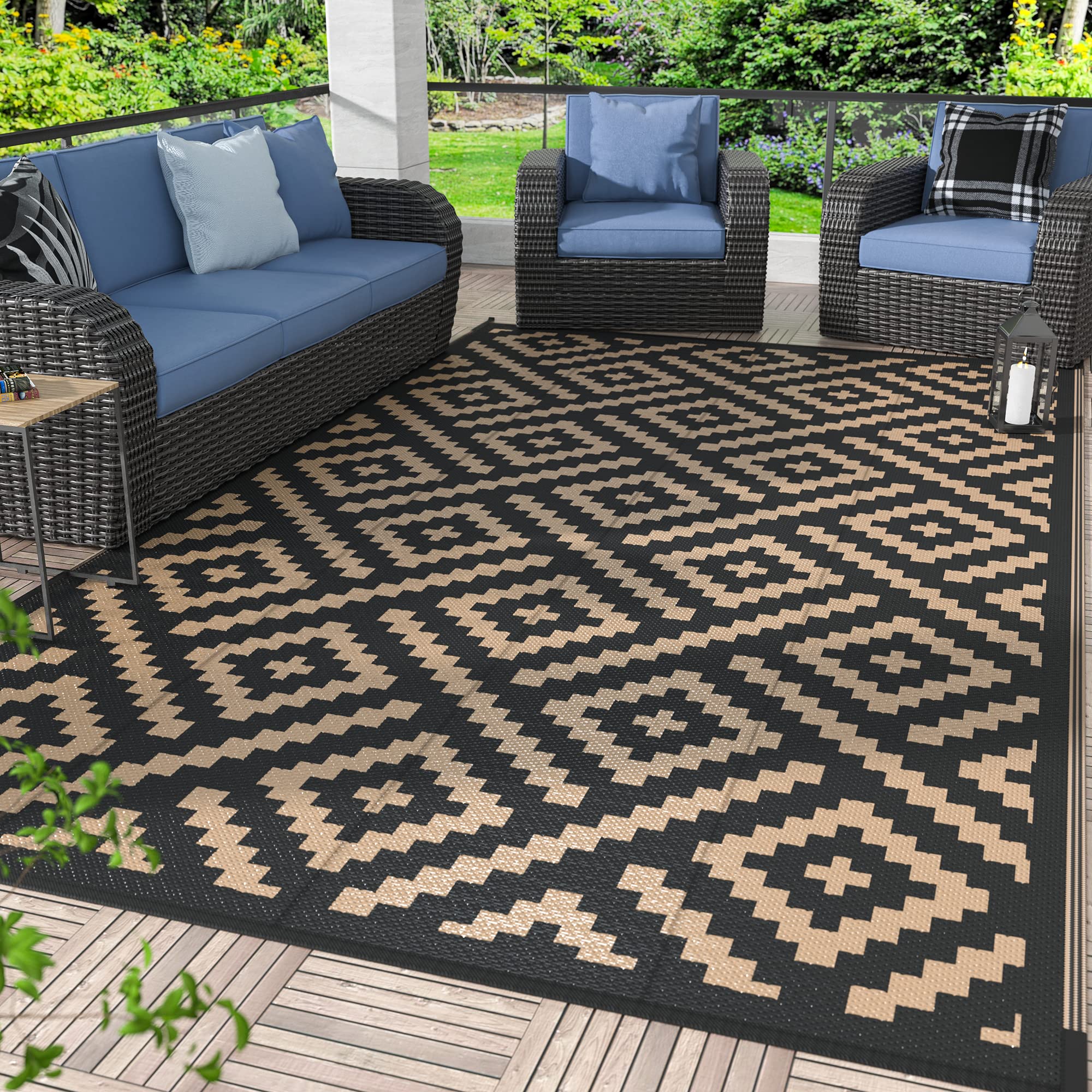 GENIMO 5x8 Outdoor Rug Waterproof, Reversible Mats, Area Rug, Plastic Outside Carpet, Geometric Rv Mat for Patio Camping Rv Picnic Backyard Deck Balcony Porch Beach Trailer (Black & Beige)