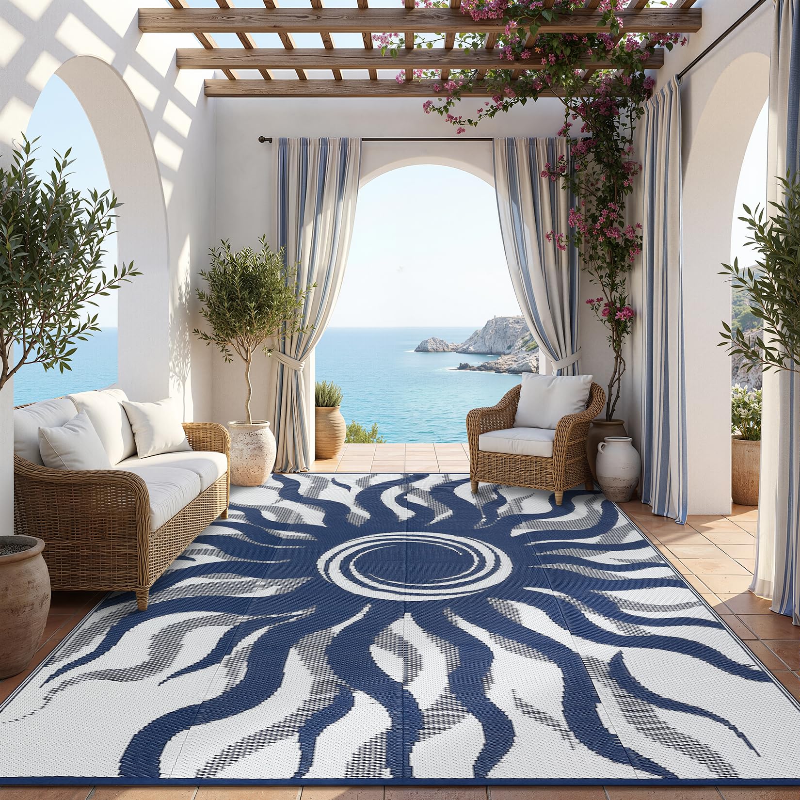 Garvee Outdoor Rug 5x8 Waterproof Patio Rugs with Boho Sun Pattern, Reversible Plastic Straw Camping Rugs Outdoor Indoor RV Mat Carpet for Deck, Backyard, Picnic, Porch, Balcony, Beach, Orange