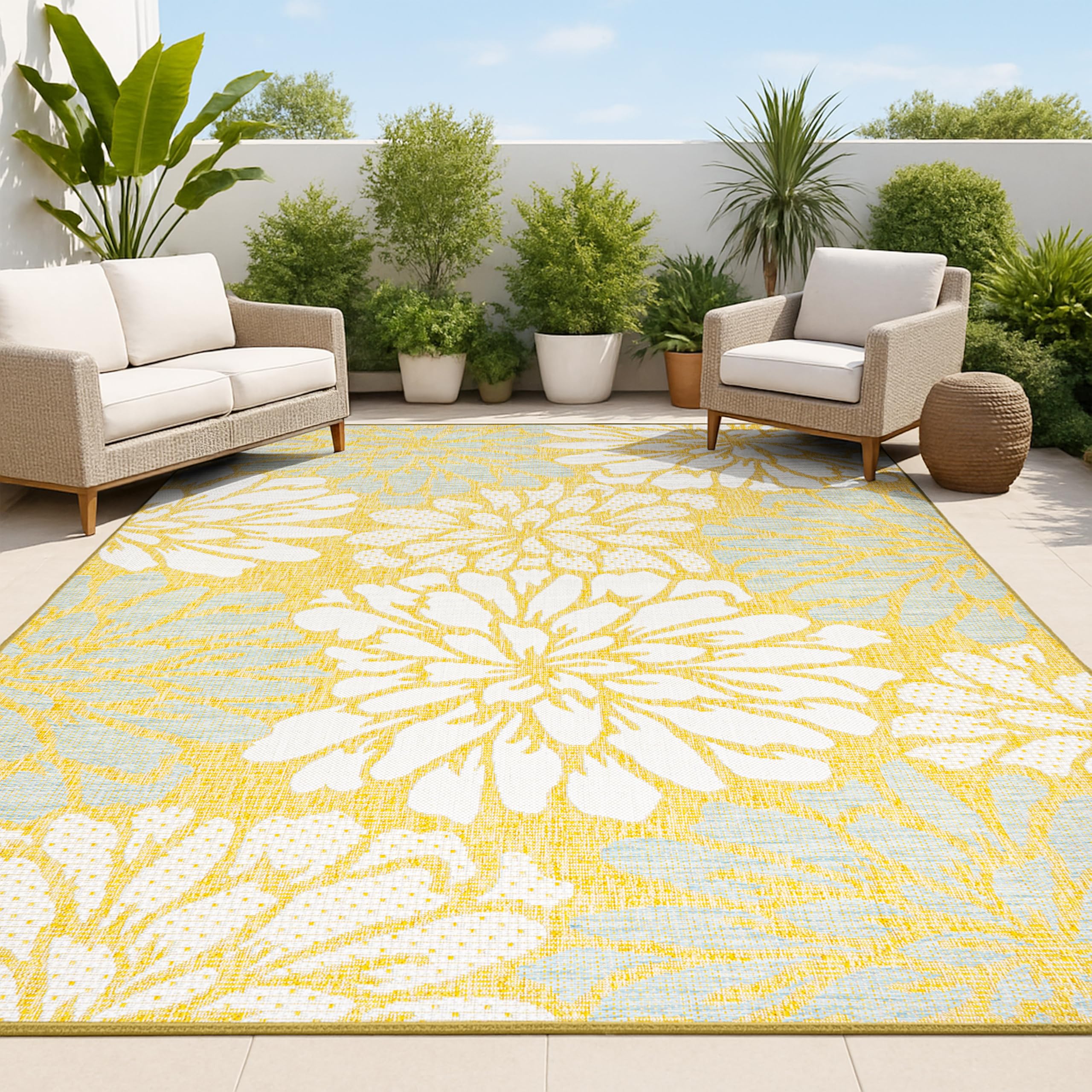 JONATHAN Y Floral Textured Weave Indoor Outdoor Area Rug 4X6 Navy/Aqua, Zinnia Modern for Backyard, Patio, Porch, Easy-Cleaning, High Traffic, Pet-Friendly, Non-Shedding (SMB110C-4)