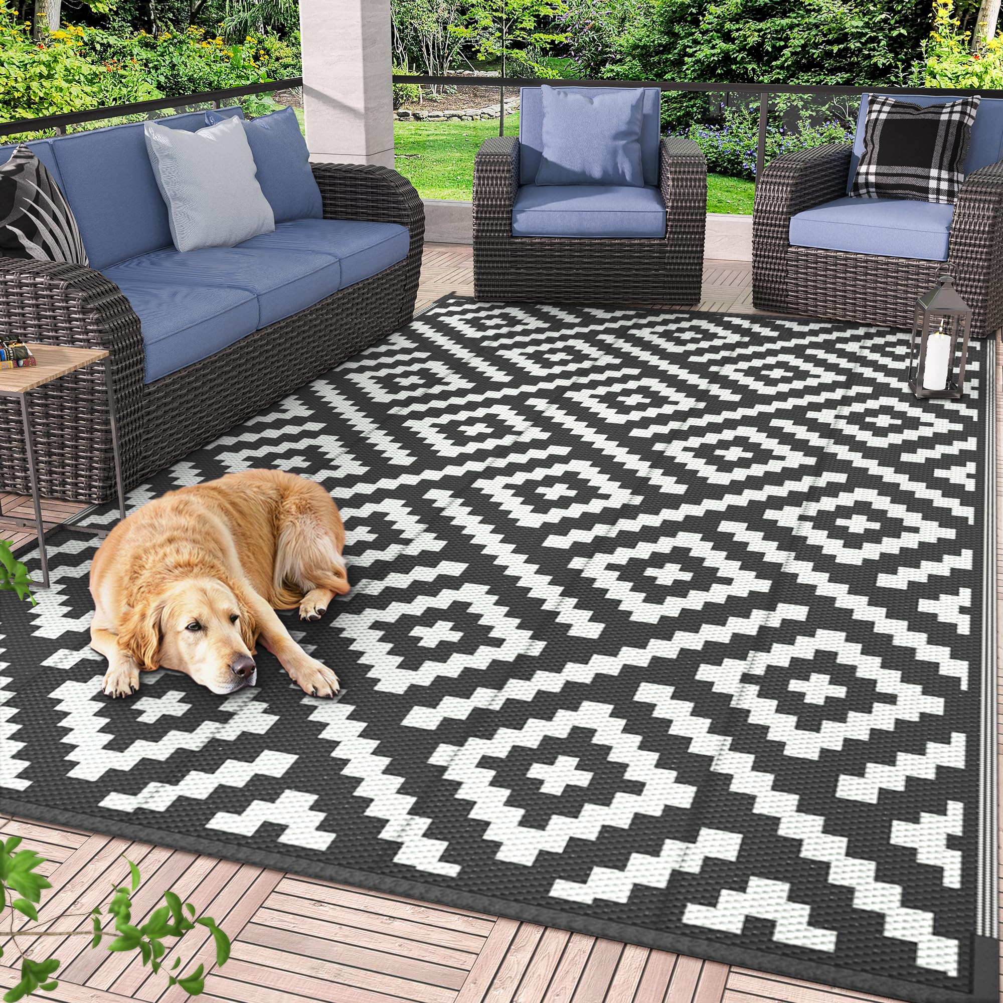 GENIMO 5x8 Outdoor Rug Waterproof, Reversible Mats, Area Rug, Plastic Outside Carpet, Geometric Rv Mat for Patio Camping Rv Picnic Backyard Deck Balcony Porch Beach Trailer (Black & Beige)