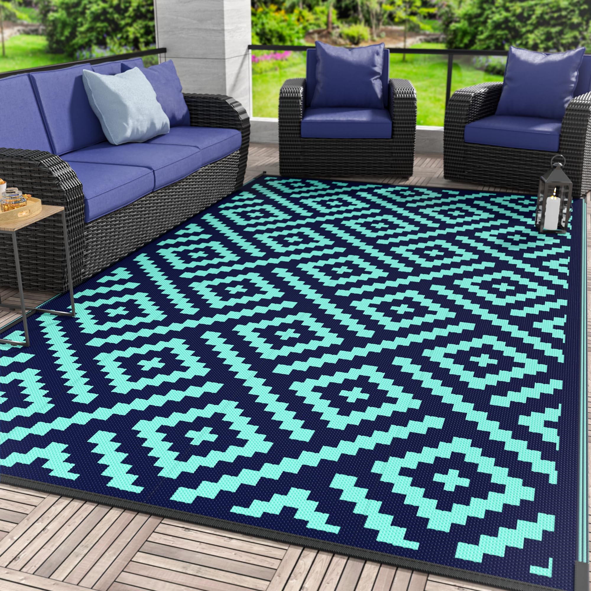 GENIMO 5x8 Outdoor Rug Waterproof, Reversible Mats, Area Rug, Plastic Outside Carpet, Geometric Rv Mat for Patio Camping Rv Picnic Backyard Deck Balcony Porch Beach Trailer (Black & Beige)