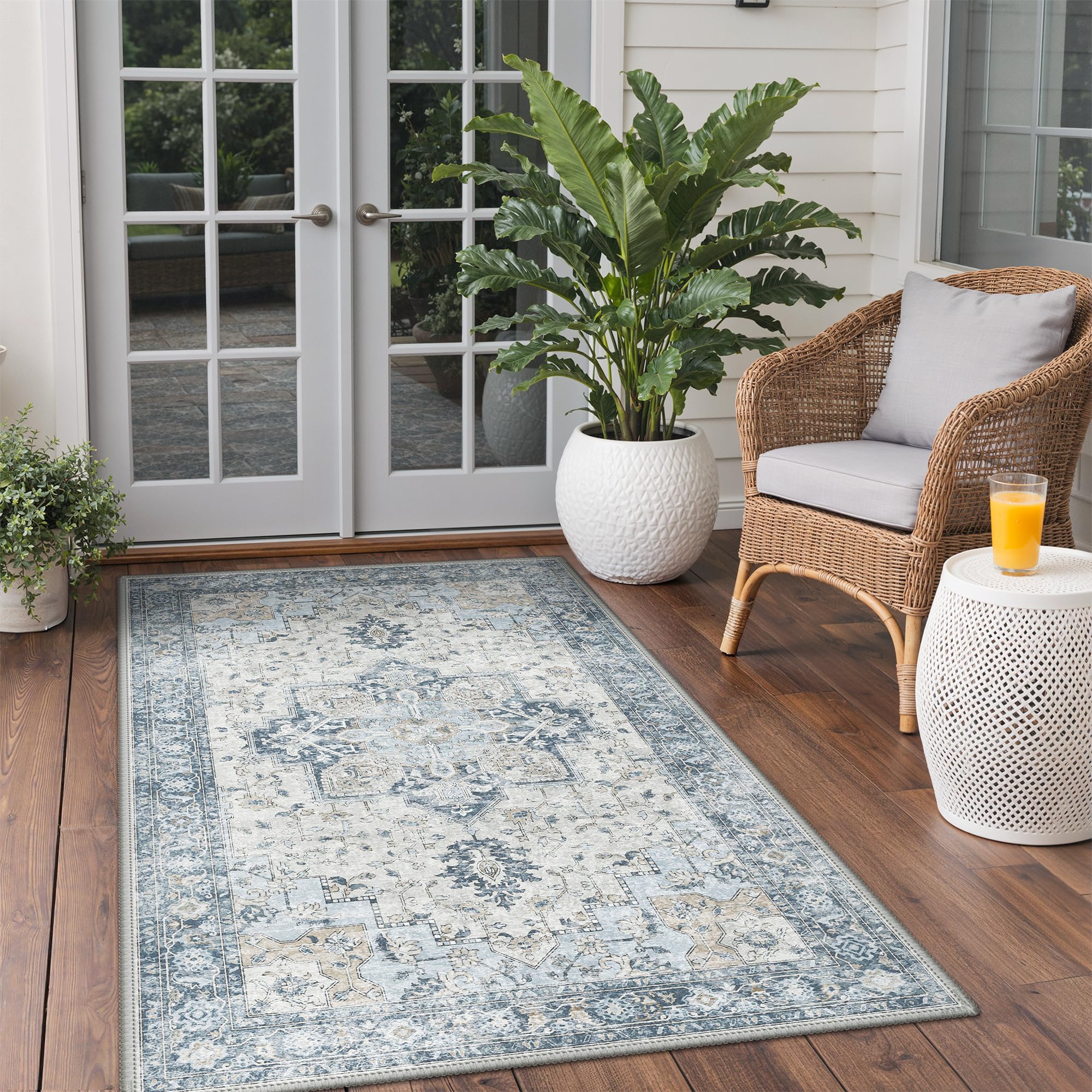 GENIMO Outdoor & Indoor Area Rug 5'x8', Waterproof, Non-Shedding, Easy Cleaning, Boho Mat for Patio, Living Room, Balcony, Dining Room, RV, Deck, Bedroom, Camping, Outside Carpet,Blue