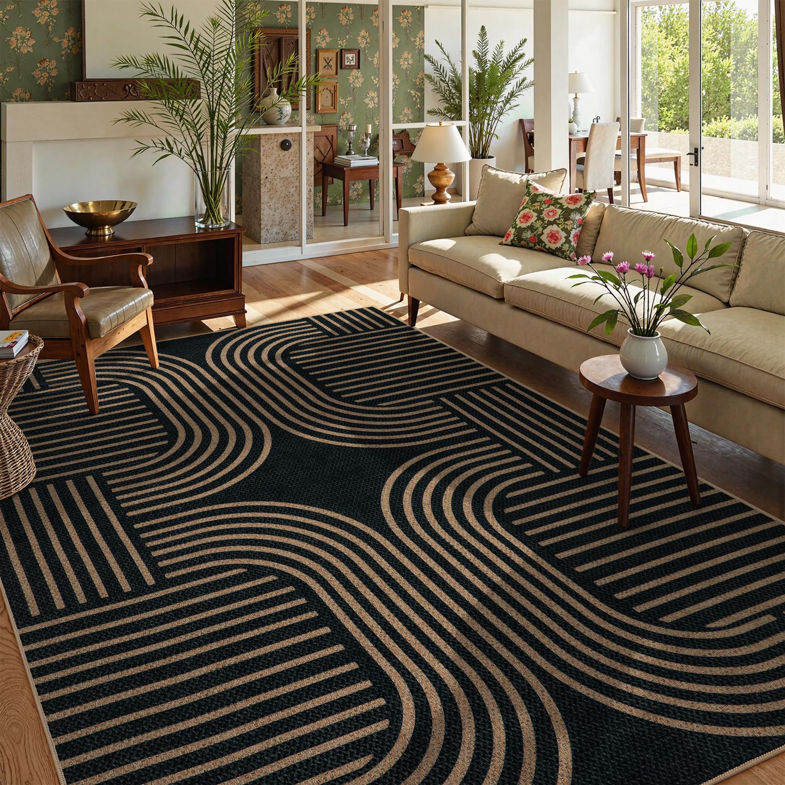 Lahome Enfys Modern Rainbow Easy Jute Outdoor Patio Rug, 3x5 Black Washable Rugs for Entryway Office Farmhouse Classroom Carpet, Contemporary Non Slip Front Door Mat for Porch Guestroom Room Decor