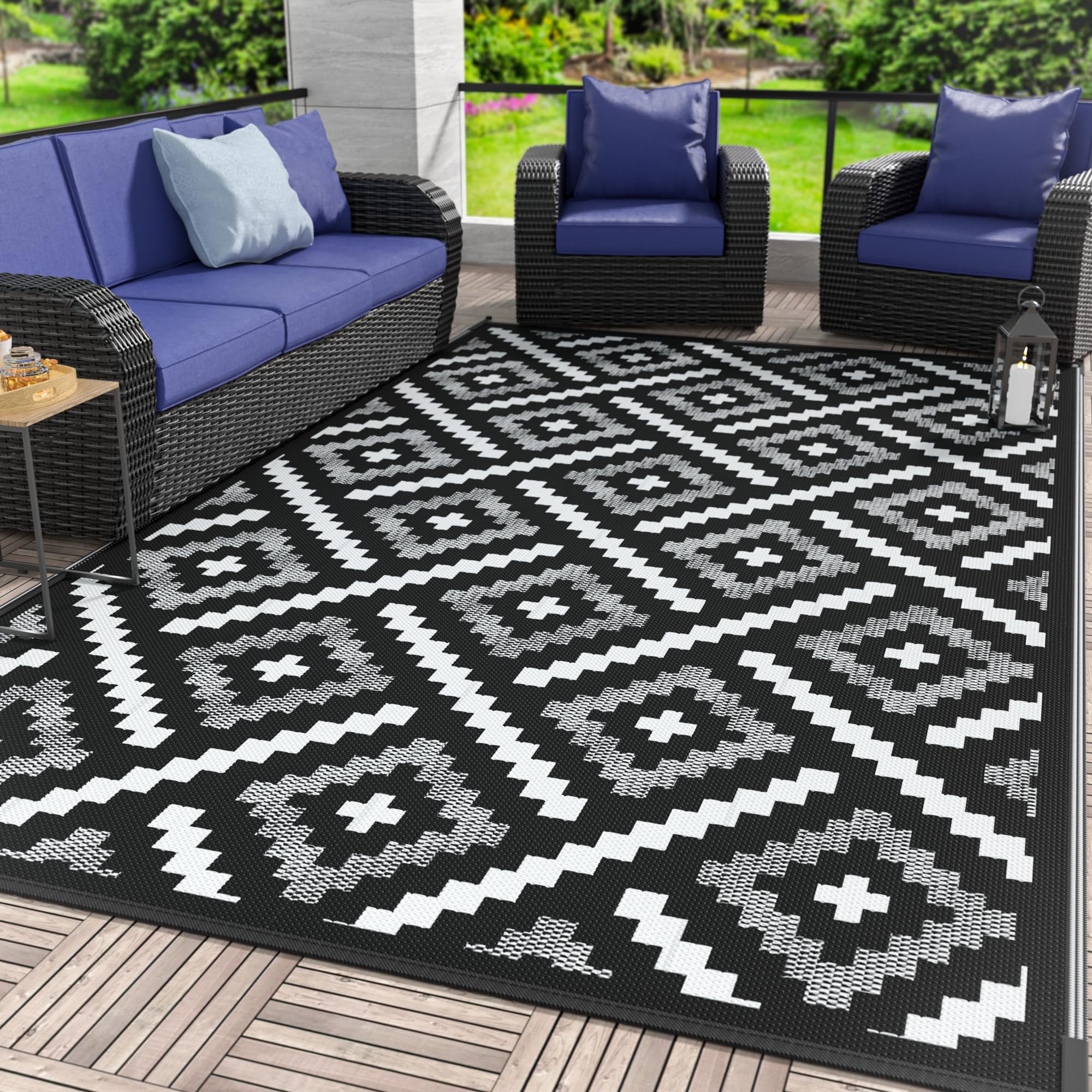 GENIMO 5x8 Outdoor Rug Waterproof, Reversible Mats, Area Rug, Plastic Outside Carpet, Geometric Rv Mat for Patio Camping Rv Picnic Backyard Deck Balcony Porch Beach Trailer (Black & Beige)
