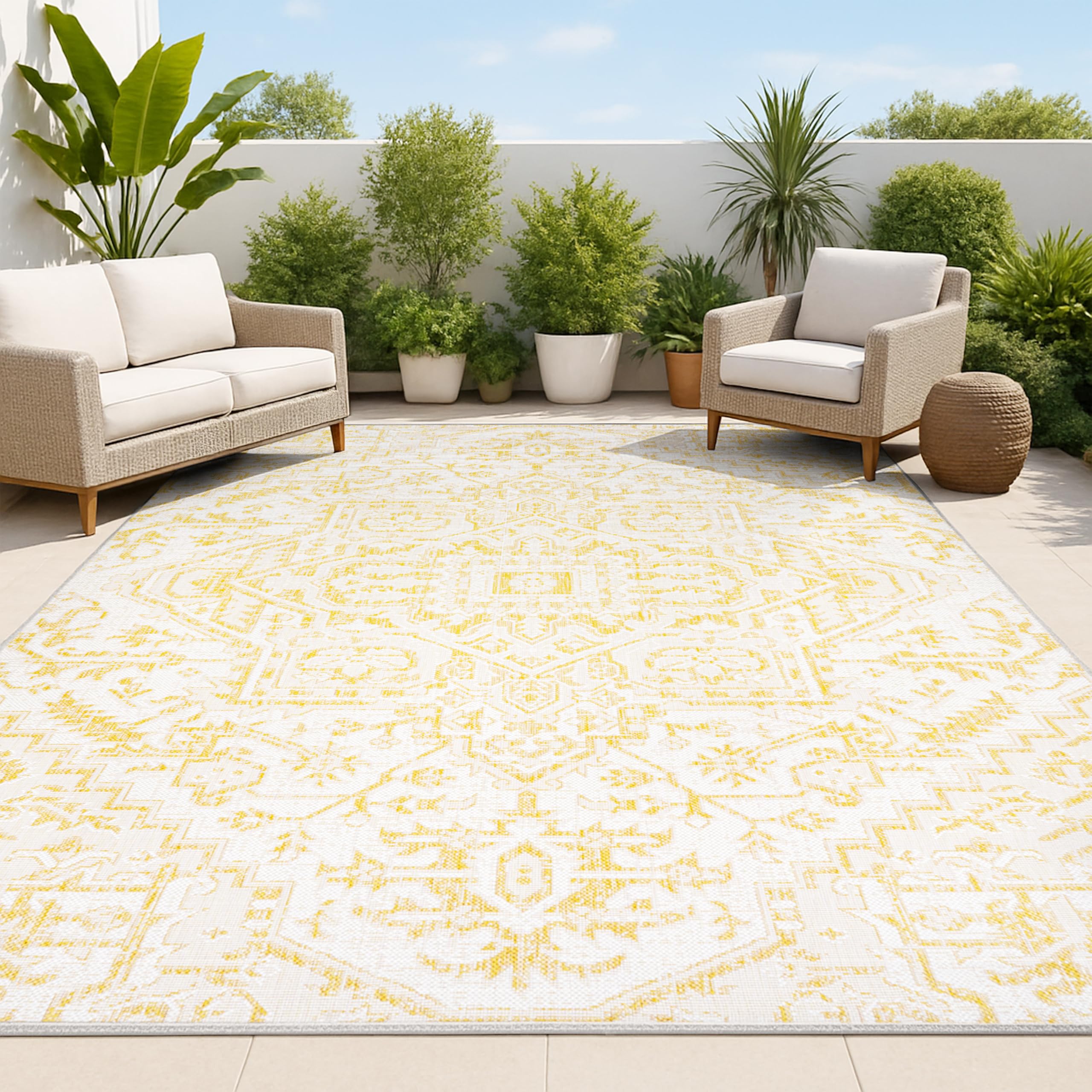 JONATHAN Y Boho Medallion Indoor Outdoor Area Rug 4X6 Navy/Gray, Estrella Textured Weave for Backyard, Patio, Porch, Easy-Cleaning, High Traffic, Pet-Friendly, Non-Shedding (SMB105B-4)