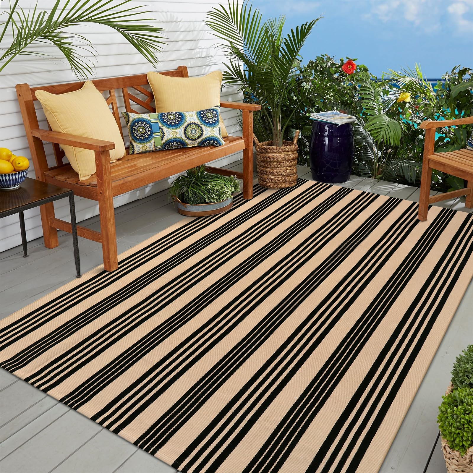 OJIA Outdoor Rug 3'x5', Black and Tan Area Rug Machine Washable Rugs Cotton Hand Woven Entry Rug Indoor Outdoor Striped Carpet for Front Porch/Deck/Backyard/Camping/Outdoor Decor