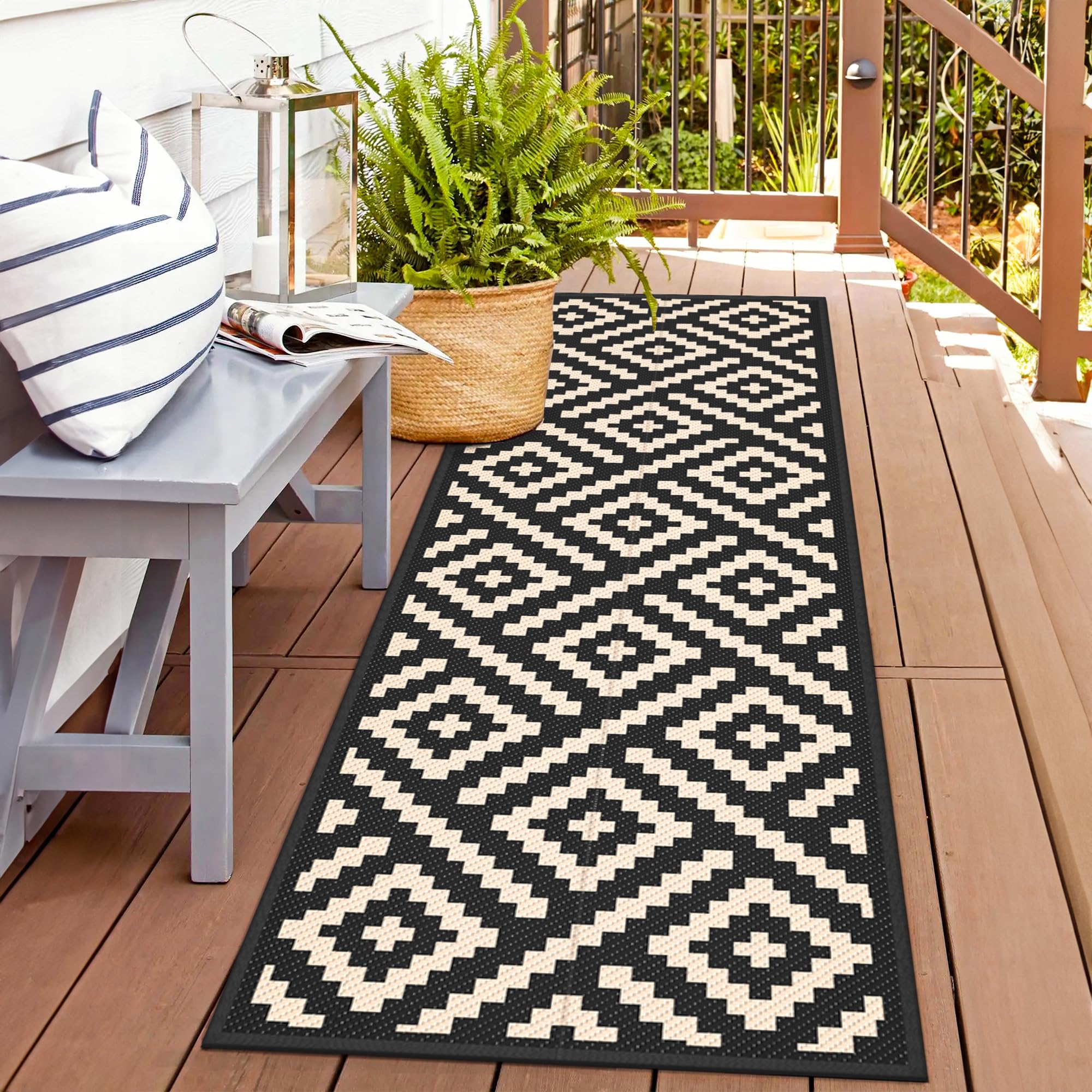 GENIMO 5x8 Outdoor Rug Waterproof, Reversible Mats, Area Rug, Plastic Outside Carpet, Geometric Rv Mat for Patio Camping Rv Picnic Backyard Deck Balcony Porch Beach Trailer (Black & Beige)