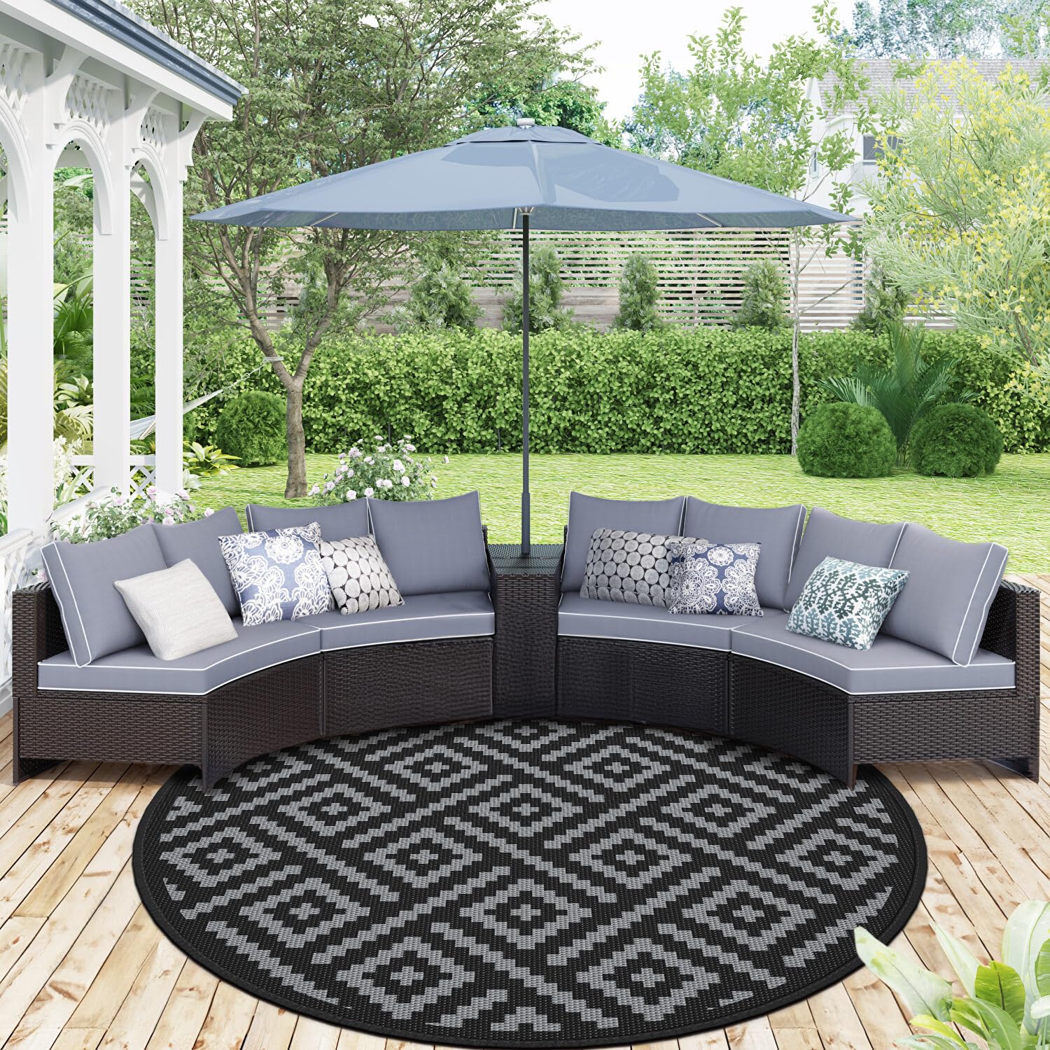 GENIMO 5x8 Outdoor Rug Waterproof, Reversible Mats, Area Rug, Plastic Outside Carpet, Geometric Rv Mat for Patio Camping Rv Picnic Backyard Deck Balcony Porch Beach Trailer (Black & Beige)