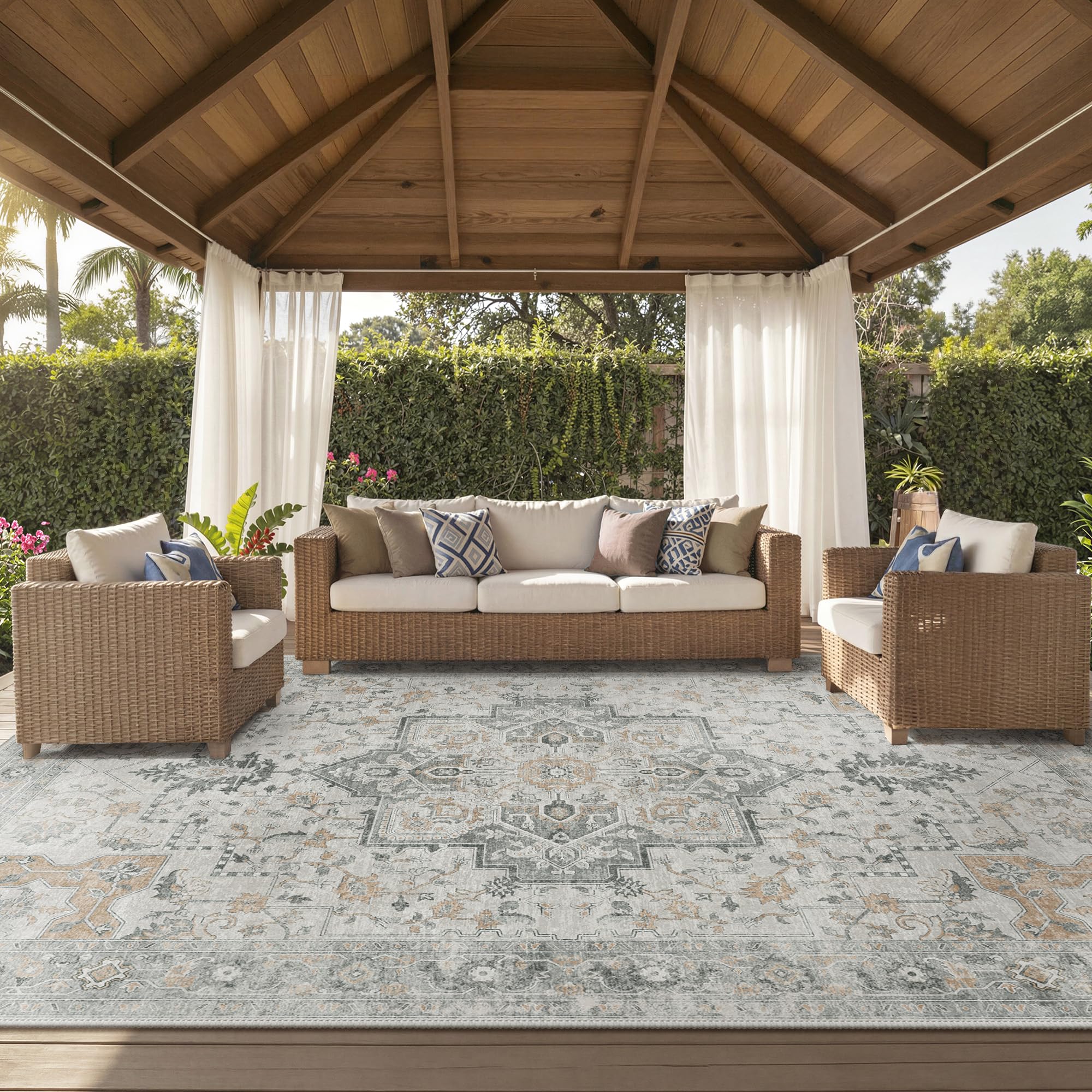 GENIMO Outdoor & Indoor Area Rug 5'x8', Waterproof, Non-Shedding, Easy Cleaning, Boho Mat for Patio, Living Room, Balcony, Dining Room, RV, Deck, Bedroom, Camping, Outside Carpet,Blue