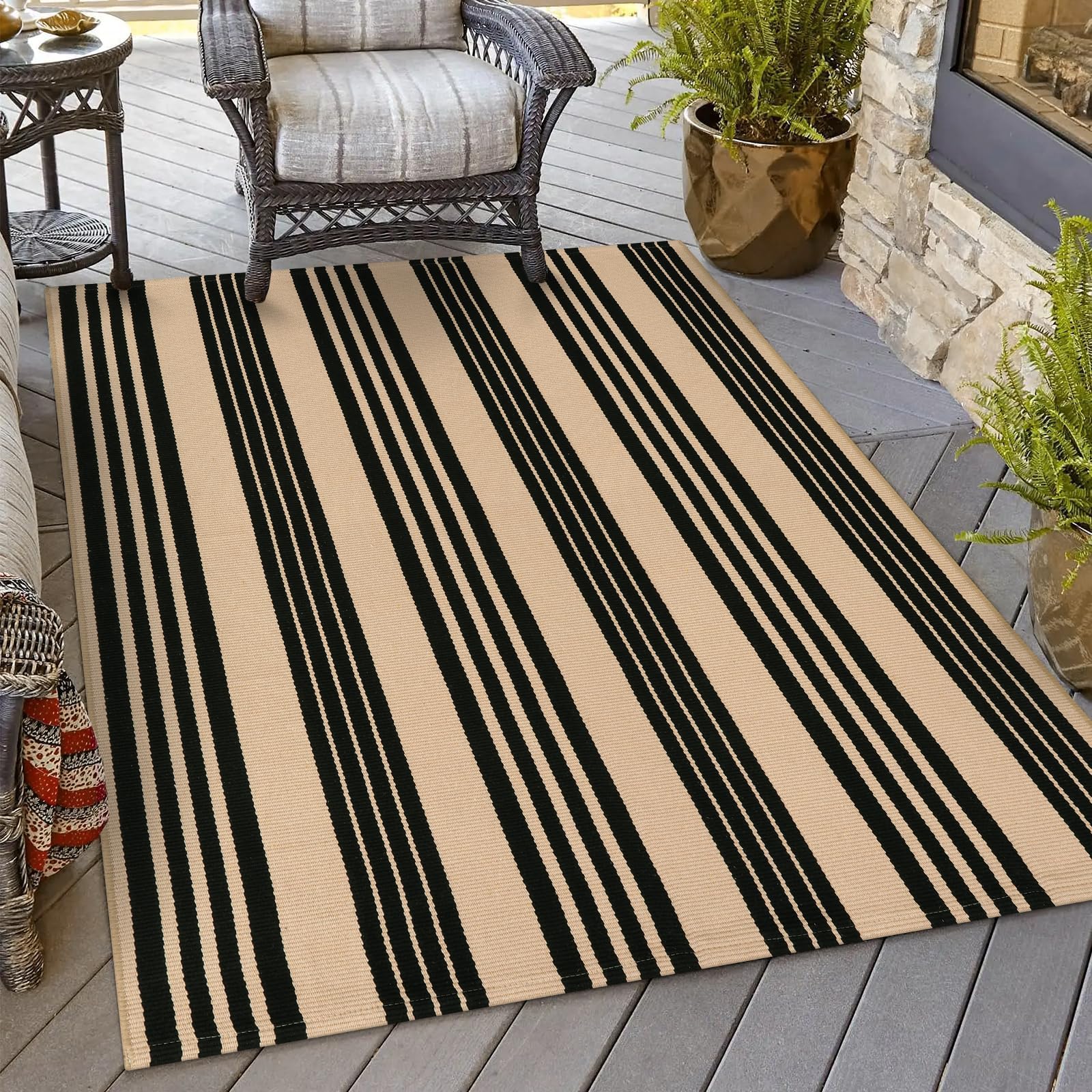 OJIA Outdoor Rug 3'x5', Black and Tan Area Rug Machine Washable Rugs Cotton Hand Woven Entry Rug Indoor Outdoor Striped Carpet for Front Porch/Deck/Backyard/Camping/Outdoor Decor