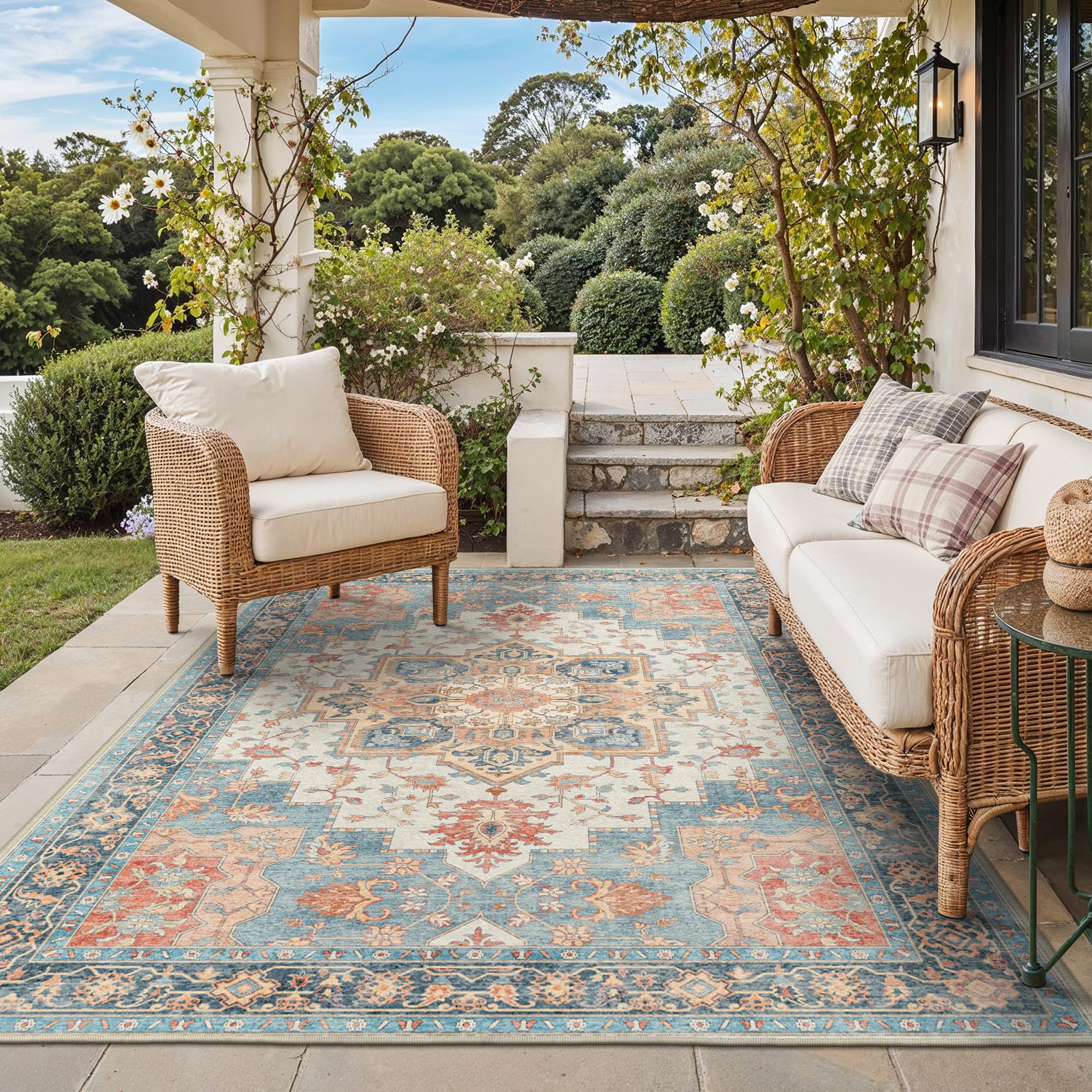 GENIMO Outdoor & Indoor Area Rug 5'x8', Waterproof, Non-Shedding, Easy Cleaning, Boho Mat for Patio, Living Room, Balcony, Dining Room, RV, Deck, Bedroom, Camping, Outside Carpet,Blue
