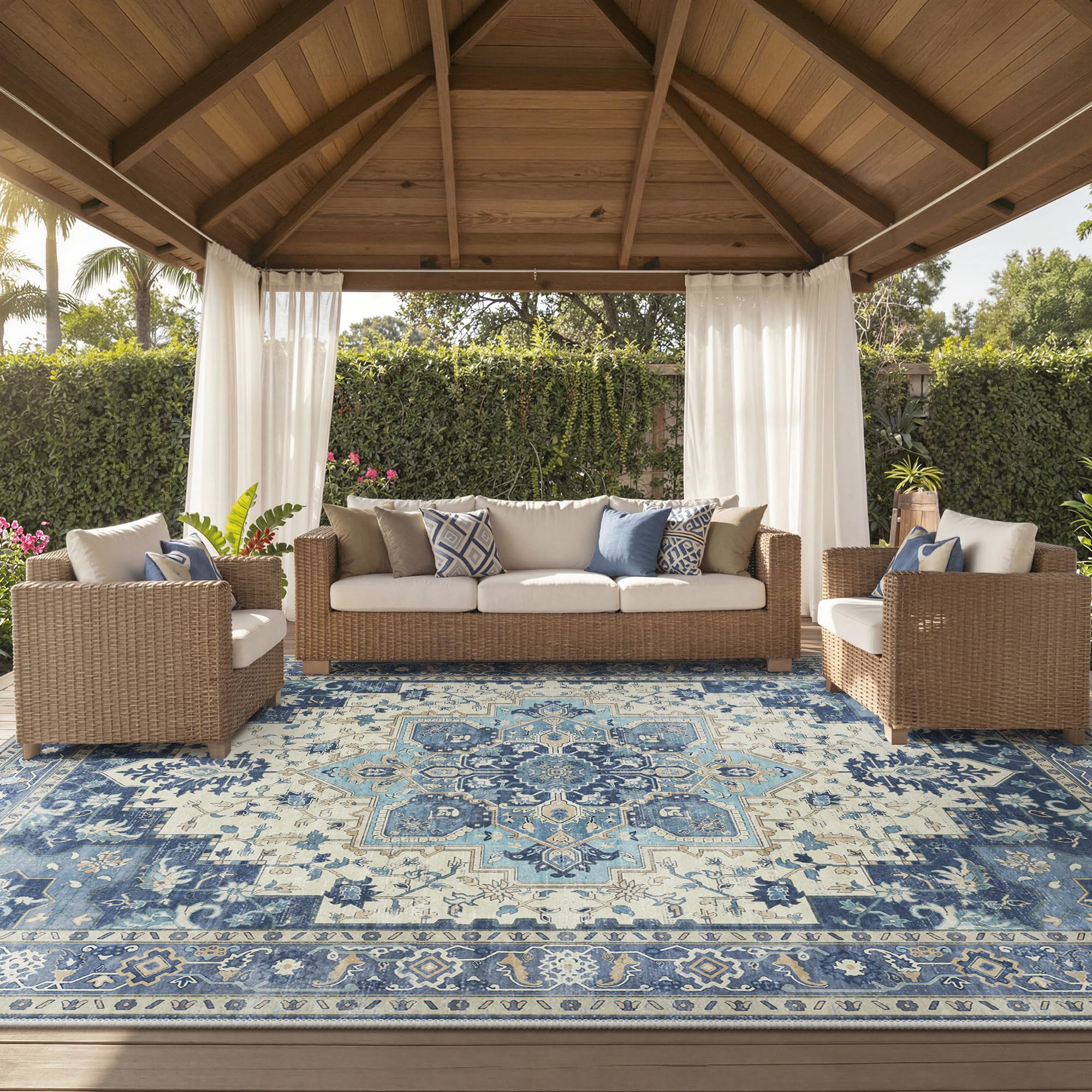 GENIMO Outdoor & Indoor Area Rug 5'x8', Waterproof, Non-Shedding, Easy Cleaning, Boho Mat for Patio, Living Room, Balcony, Dining Room, RV, Deck, Bedroom, Camping, Outside Carpet,Blue