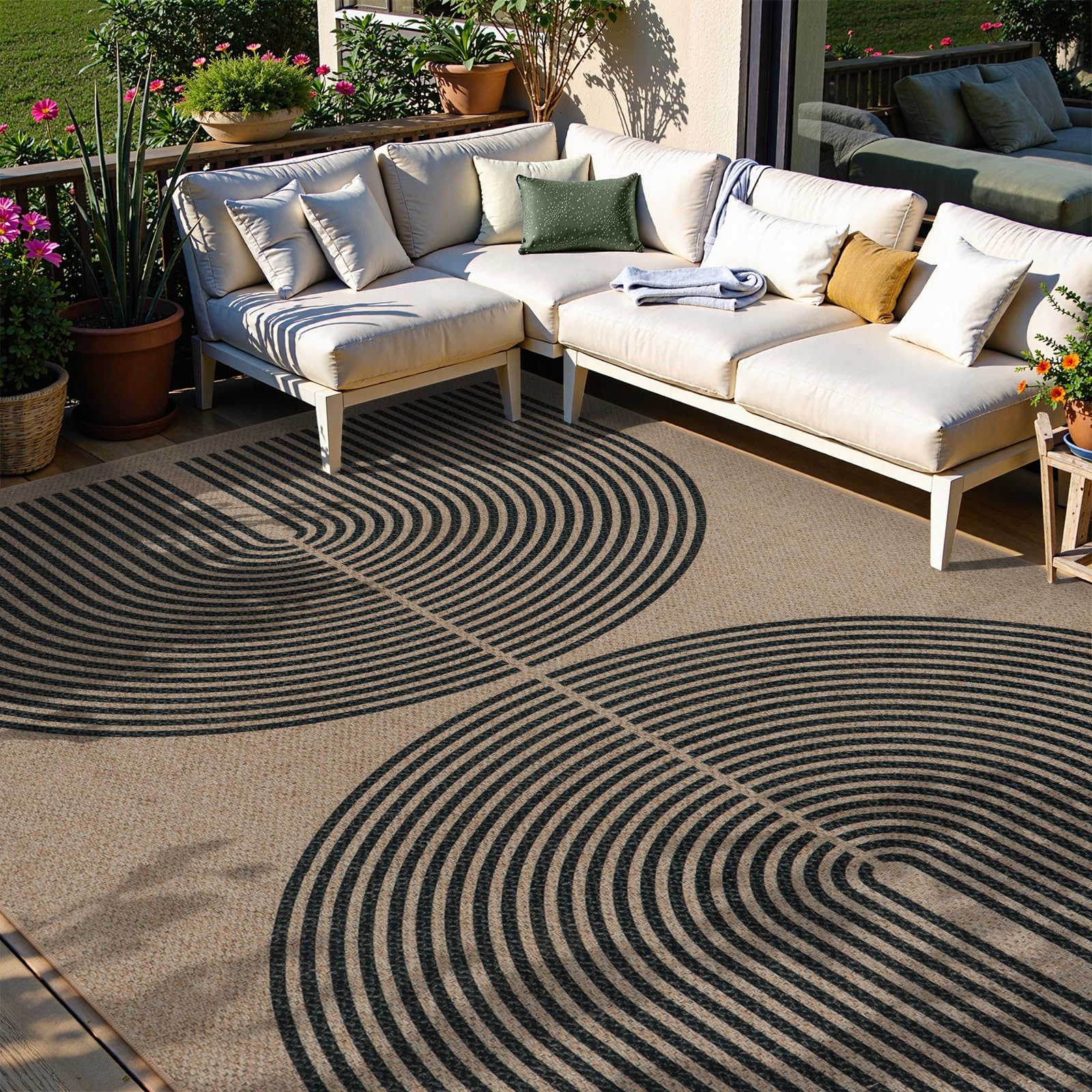 Lahome Enfys Modern Rainbow Easy Jute Outdoor Patio Rug, 3x5 Black Washable Rugs for Entryway Office Farmhouse Classroom Carpet, Contemporary Non Slip Front Door Mat for Porch Guestroom Room Decor