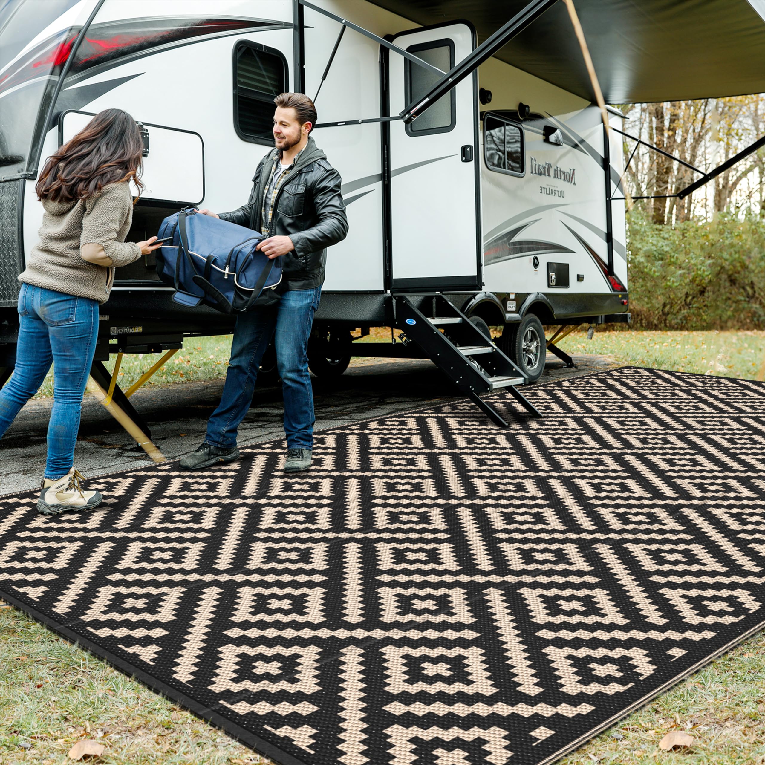GENIMO 5x8 Outdoor Rug Waterproof, Reversible Mats, Area Rug, Plastic Outside Carpet, Geometric Rv Mat for Patio Camping Rv Picnic Backyard Deck Balcony Porch Beach Trailer (Black & Beige)