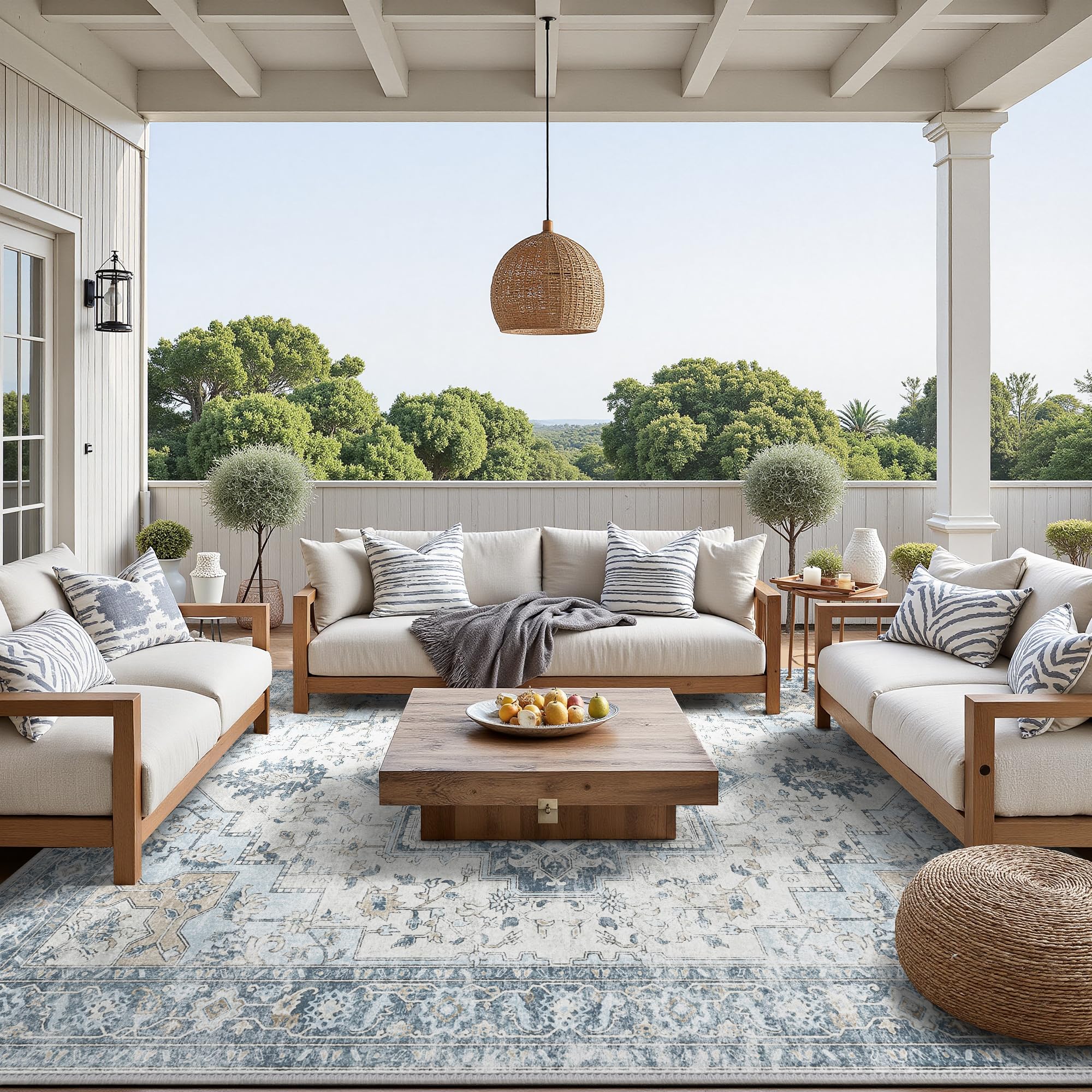 GENIMO Outdoor & Indoor Area Rug 5'x8', Waterproof, Non-Shedding, Easy Cleaning, Boho Mat for Patio, Living Room, Balcony, Dining Room, RV, Deck, Bedroom, Camping, Outside Carpet,Blue