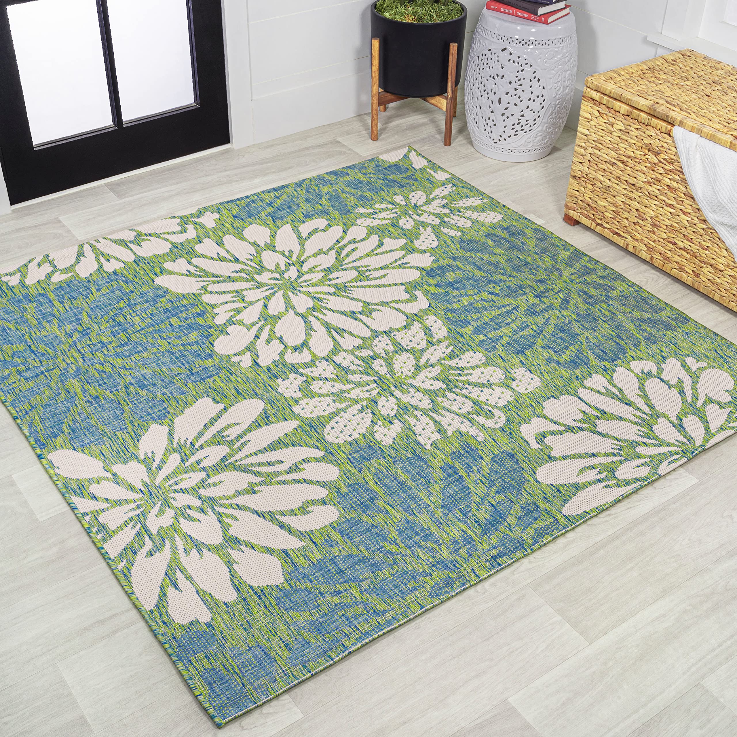JONATHAN Y Floral Textured Weave Indoor Outdoor Area Rug 4X6 Navy/Aqua, Zinnia Modern for Backyard, Patio, Porch, Easy-Cleaning, High Traffic, Pet-Friendly, Non-Shedding (SMB110C-4)