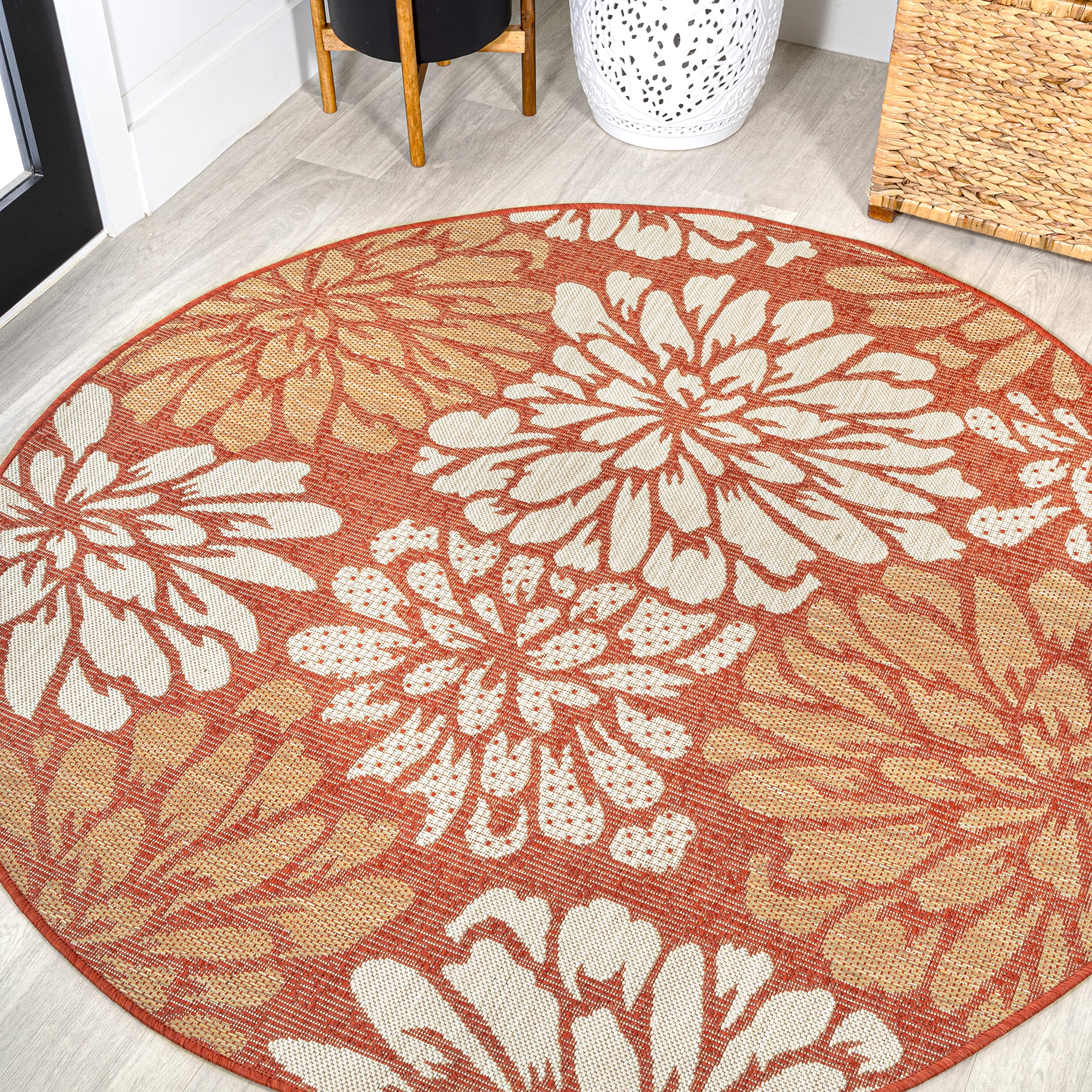 JONATHAN Y Floral Textured Weave Indoor Outdoor Area Rug 4X6 Navy/Aqua, Zinnia Modern for Backyard, Patio, Porch, Easy-Cleaning, High Traffic, Pet-Friendly, Non-Shedding (SMB110C-4)